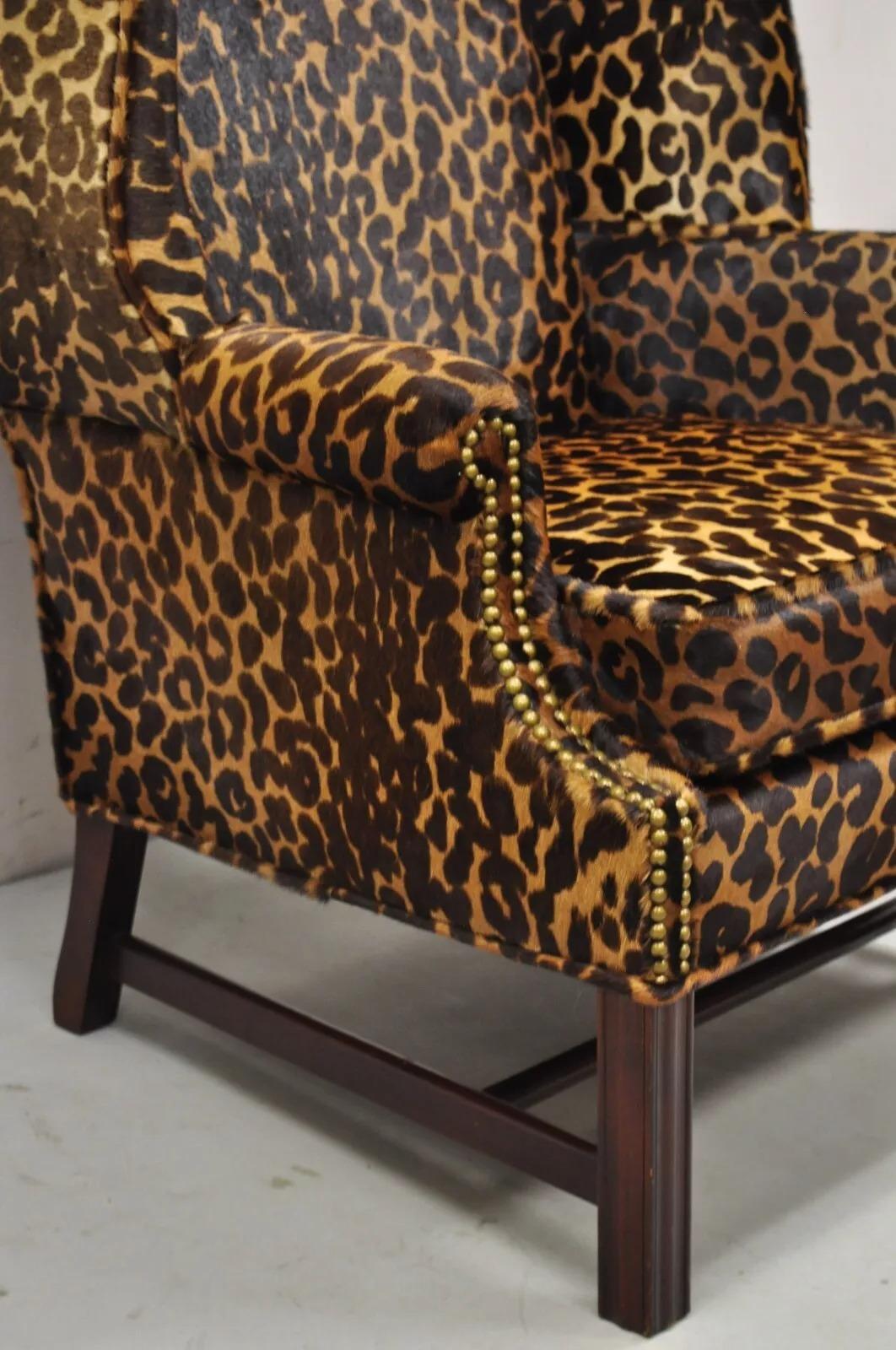 English Georgian Leopard Cheetah Hair on Hide Leather Upholstery Wingback Chair 3