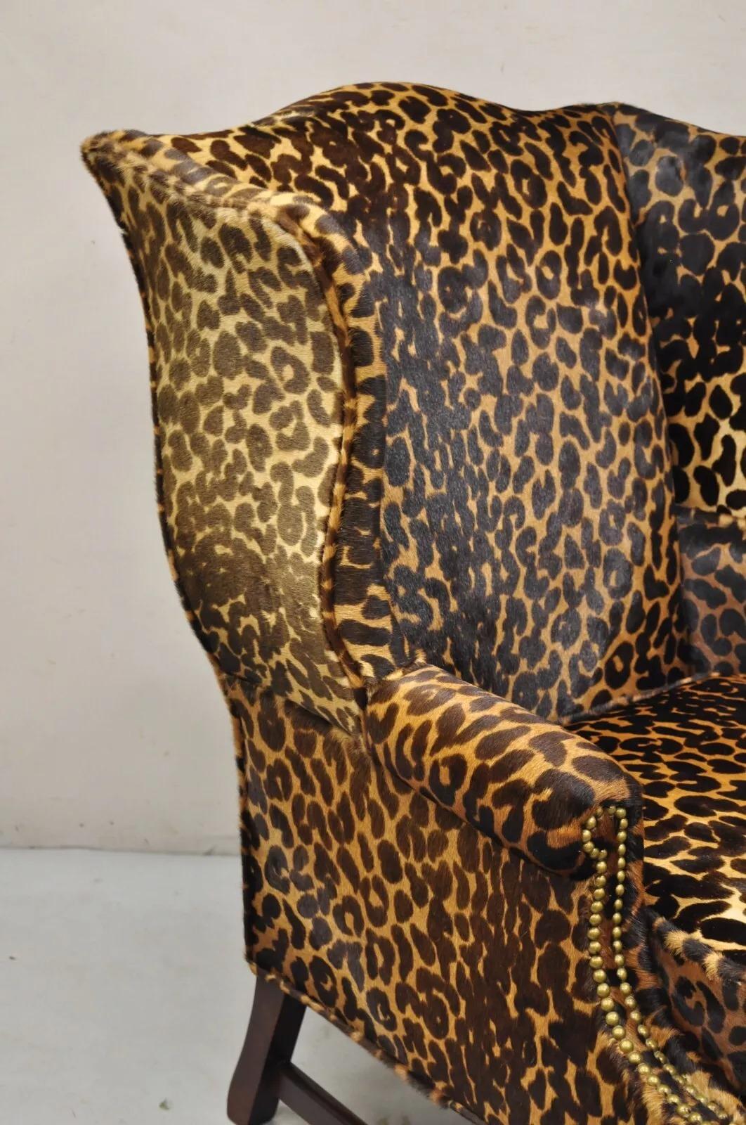 English Georgian Leopard Cheetah Hair on Hide Leather Upholstery Wingback Chair 4