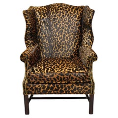 English Georgian Leopard Cheetah Hair on Hide Leather Upholstery Wingback Chair