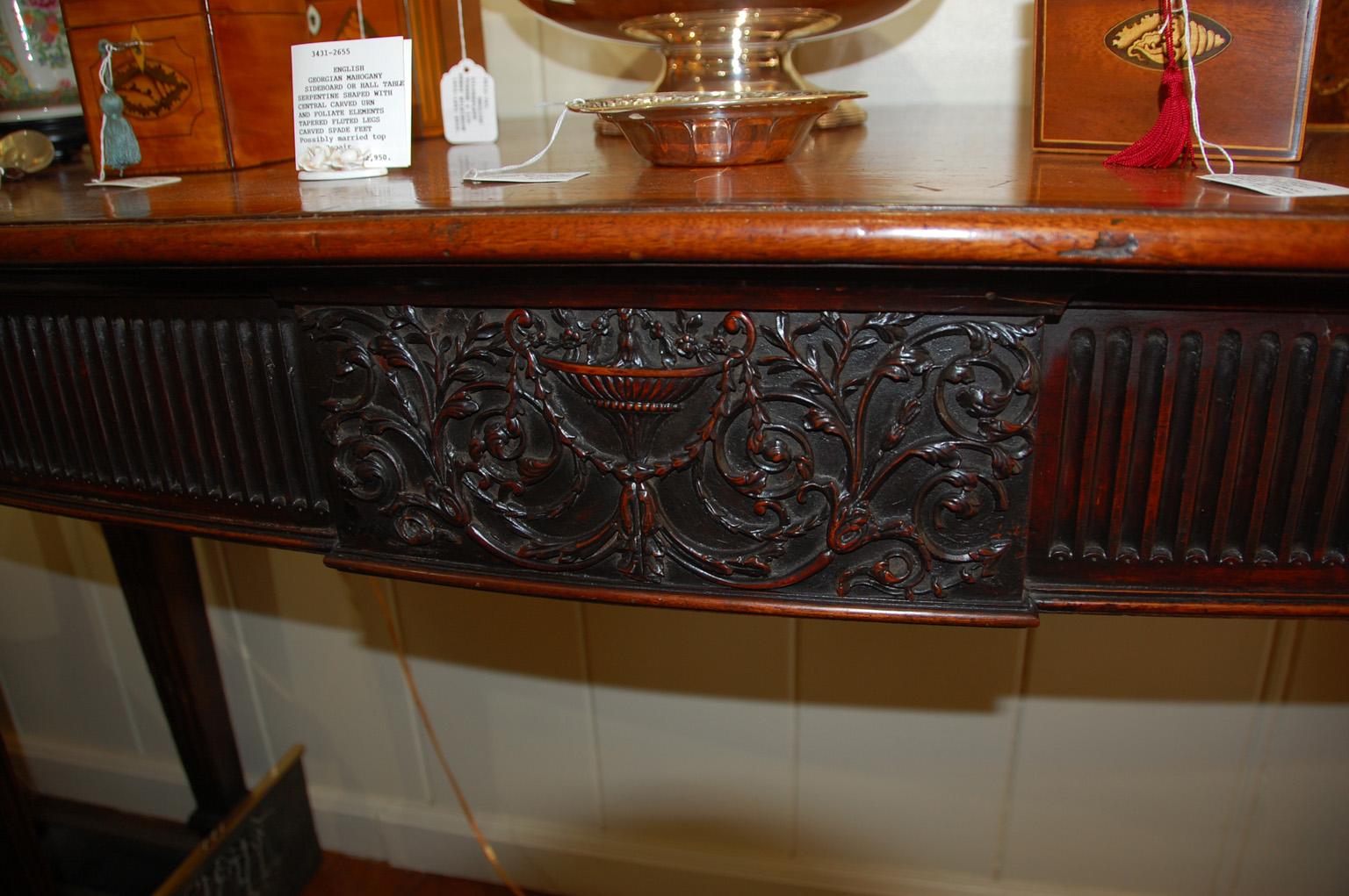 English Georgian Mahogany Bowfront Sideboard or Hall Table Fluted Legs and Skirt 10
