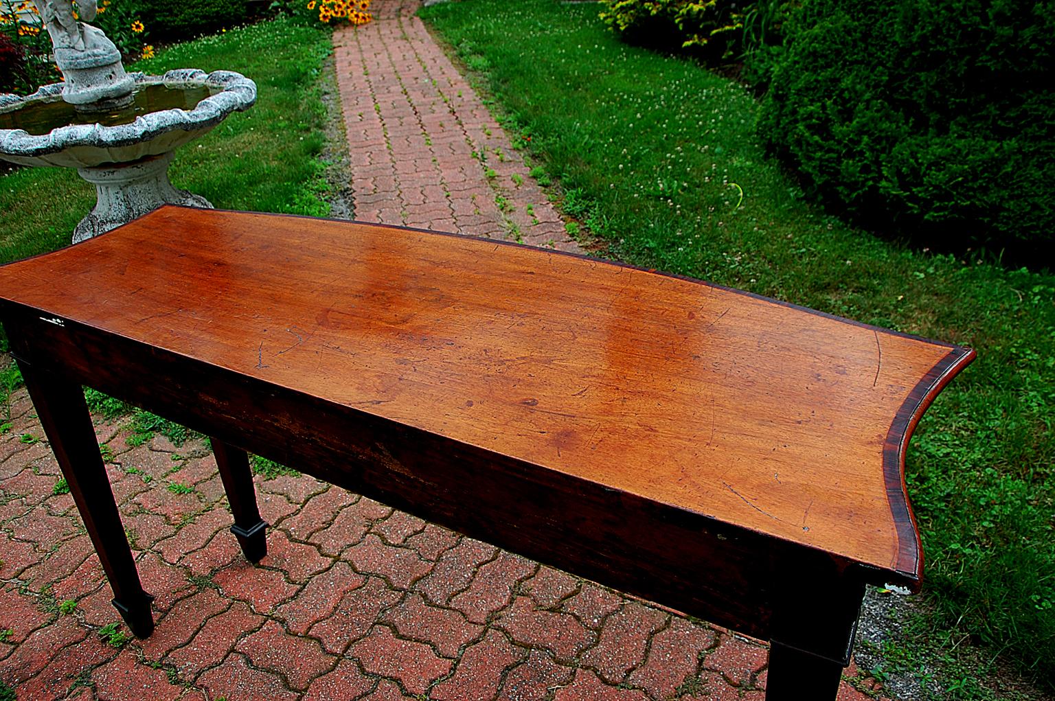 19th Century English Georgian Mahogany Bowfront Sideboard or Hall Table Fluted Legs and Skirt