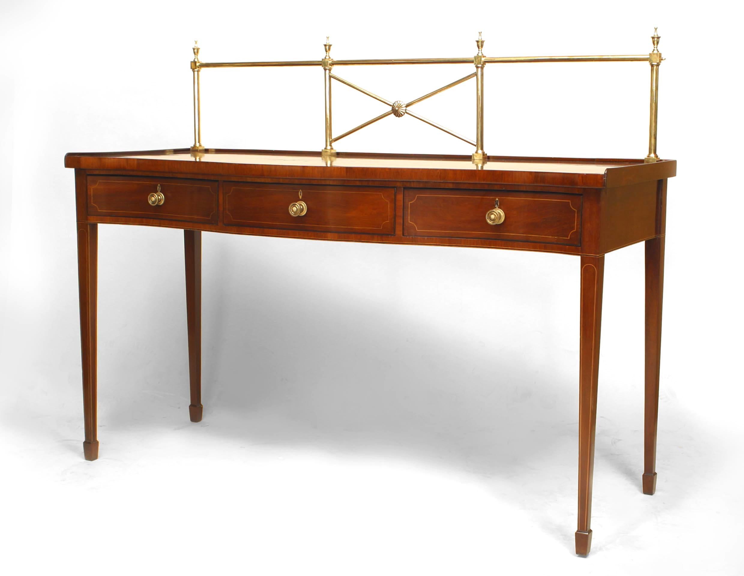 English Georgian mahogany console serving table with bow-Front Design and brass backrail gallery with satinwood banding on legs and three drawers having round brass knobs.
 