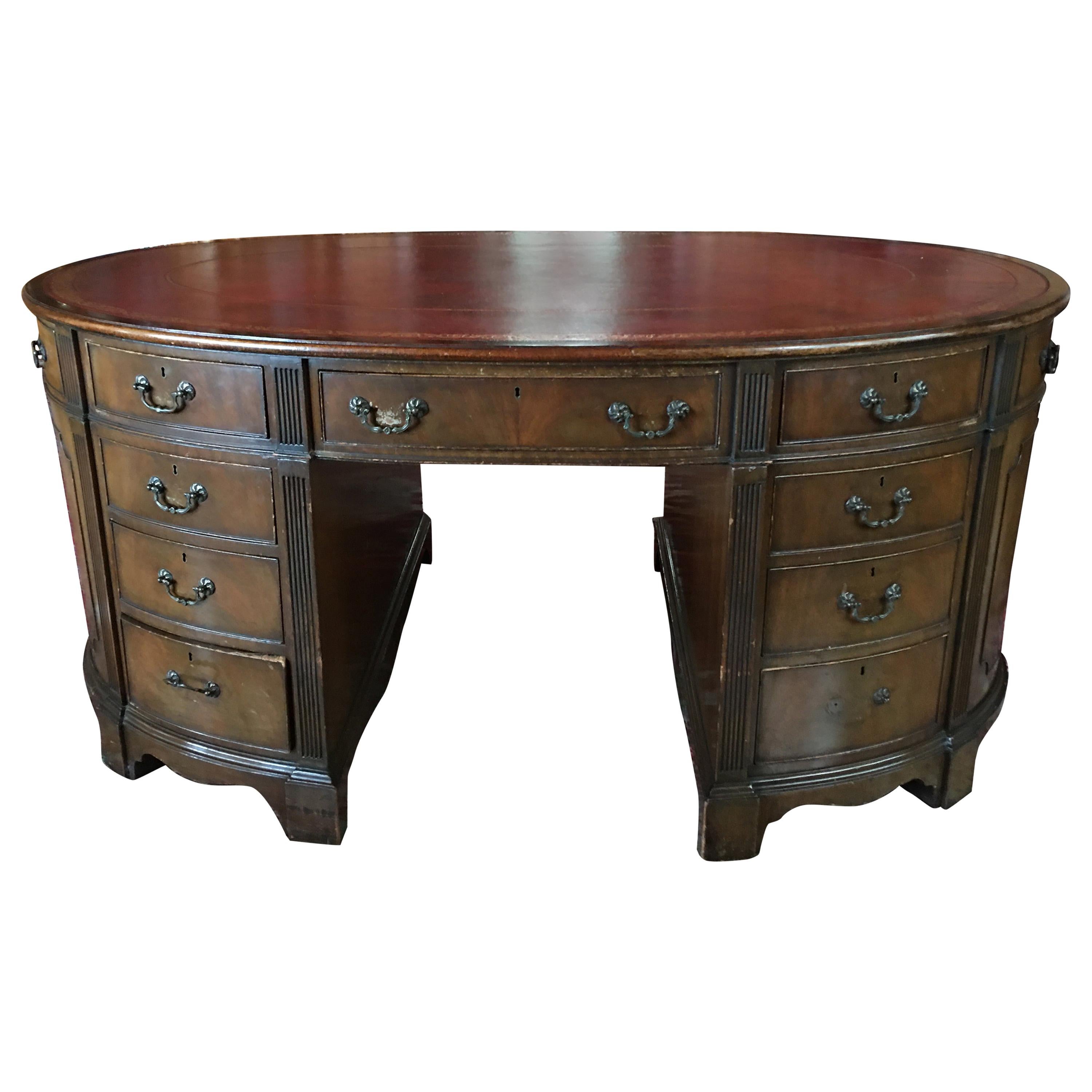 English Georgian Mahogany Oval Partners Desk, Late 19th Century