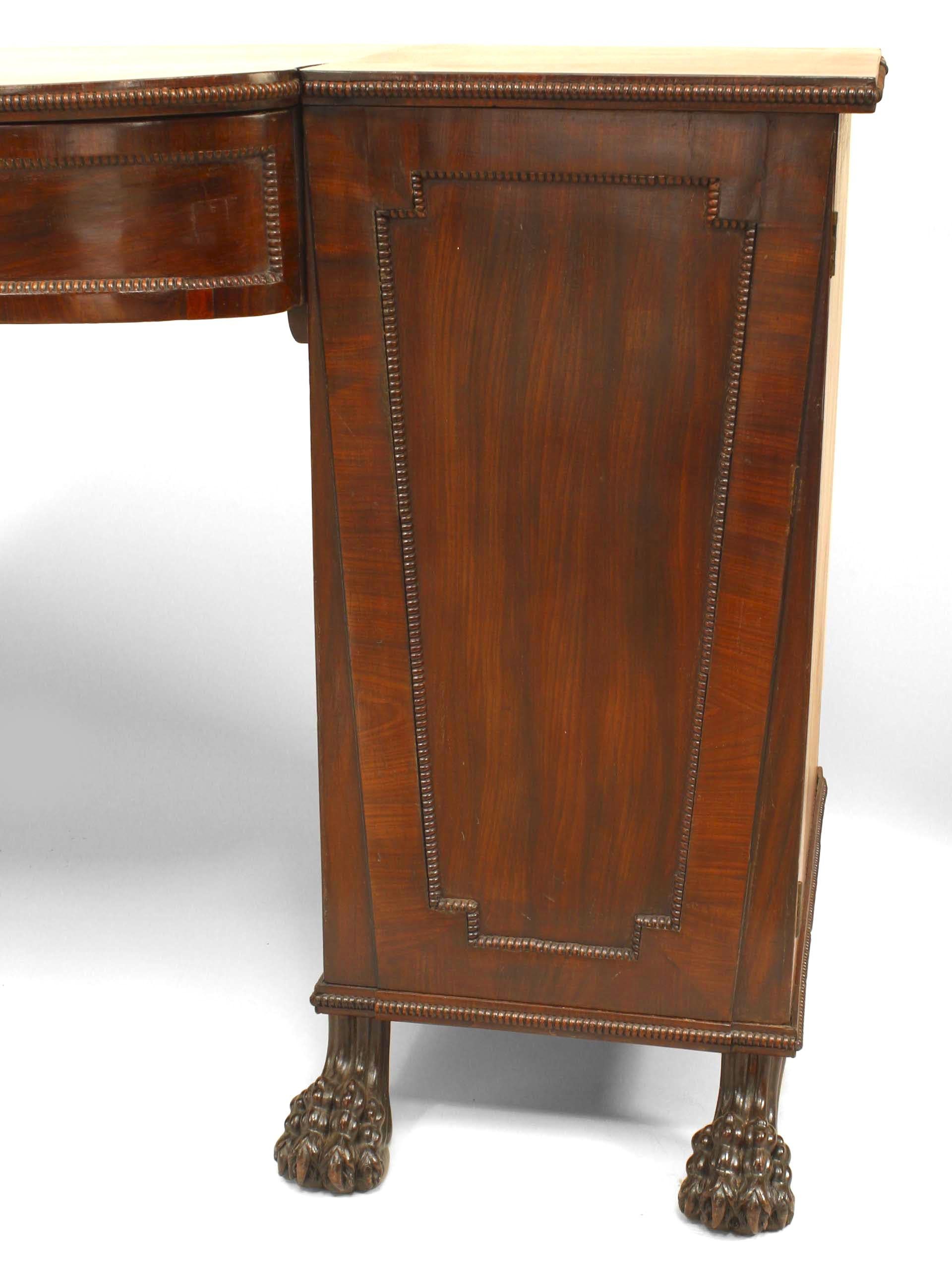 English Georgian (18/19th Century) mahogany sideboard with two pedestal side cabinets with doors supported on claw feet.
