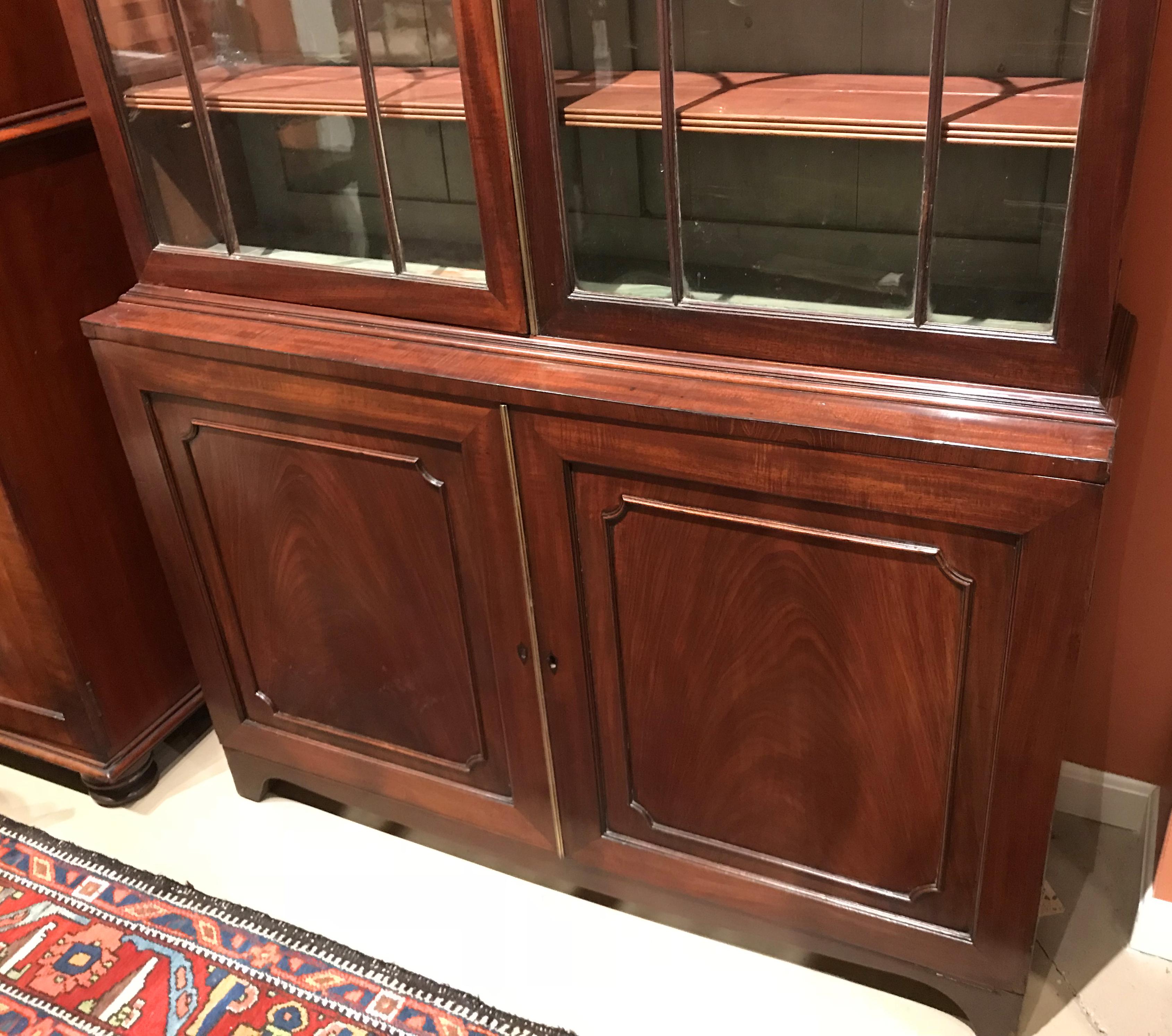 Hand-Carved English Georgian Mahogany Two Part Bookcase or China Cabinet with Glazed Doors