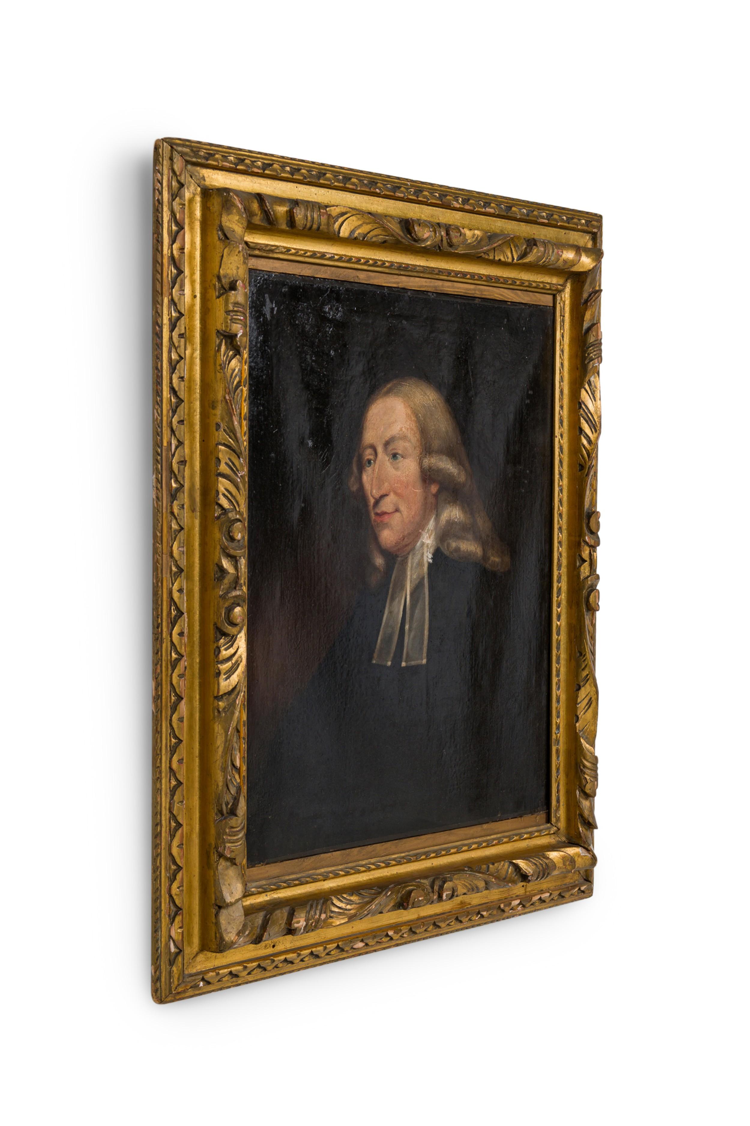English Georgian gilt framed oil portrait painting of 18th Century man in black with long hair