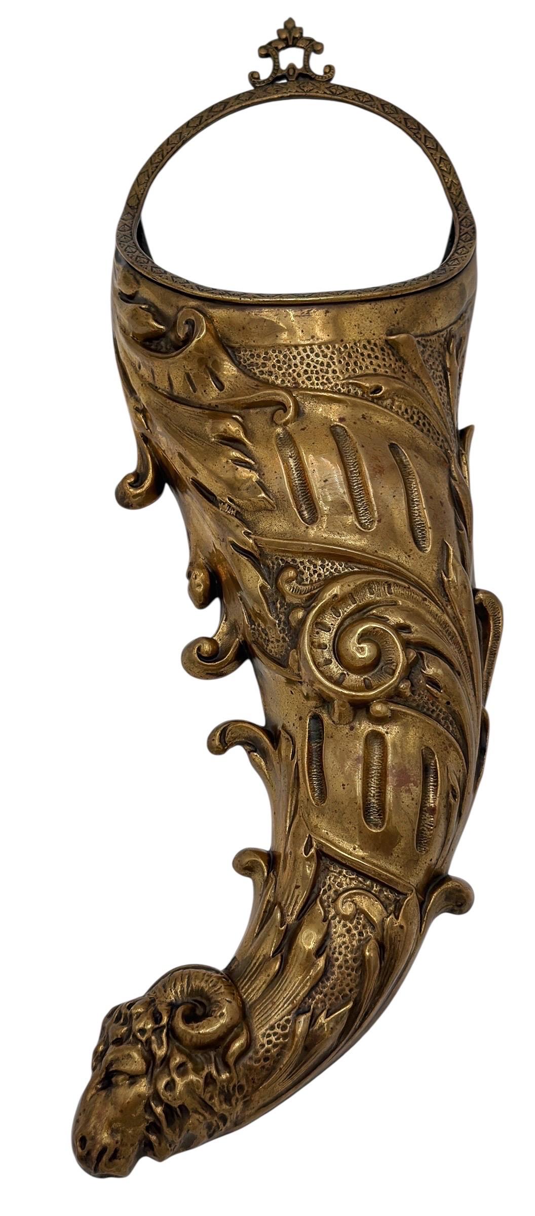 English Georgian Neoclassical Hand-Chased Brass Cornucopia Wall Pocket For Sale