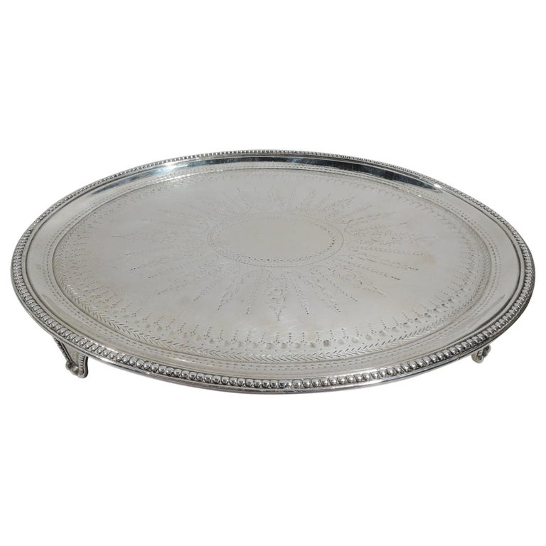 English Georgian Neoclassical Sterling Silver Salver Tray For Sale