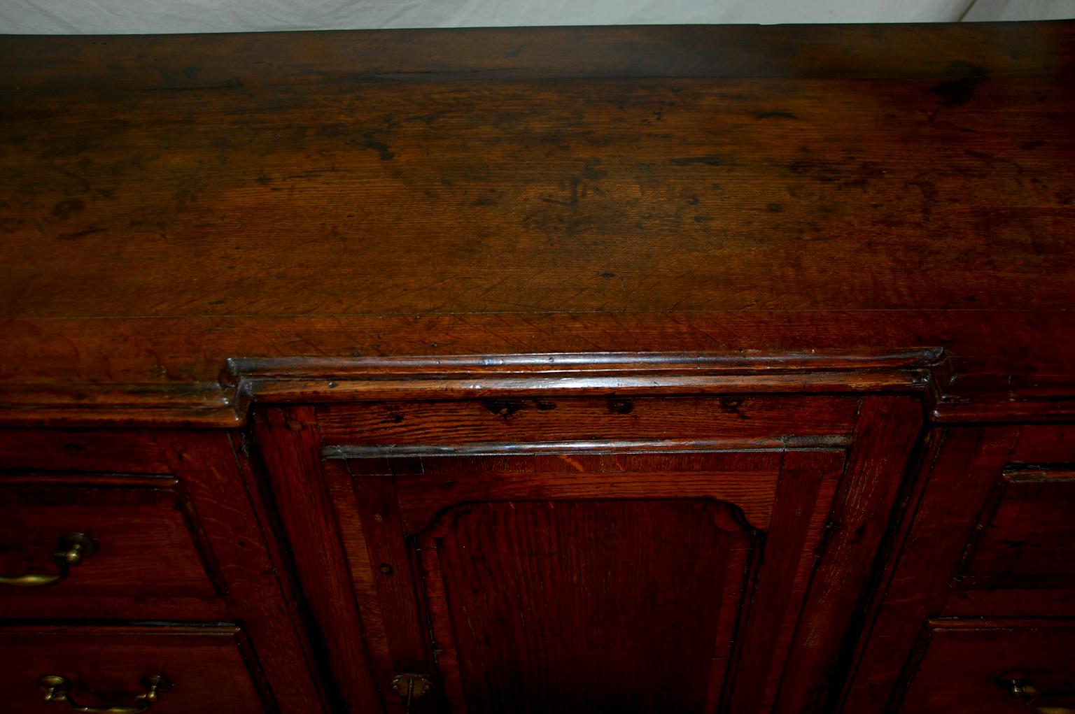 Inlay English Georgian Oak Breakfront Dresser with Cupboard and Six Drawers