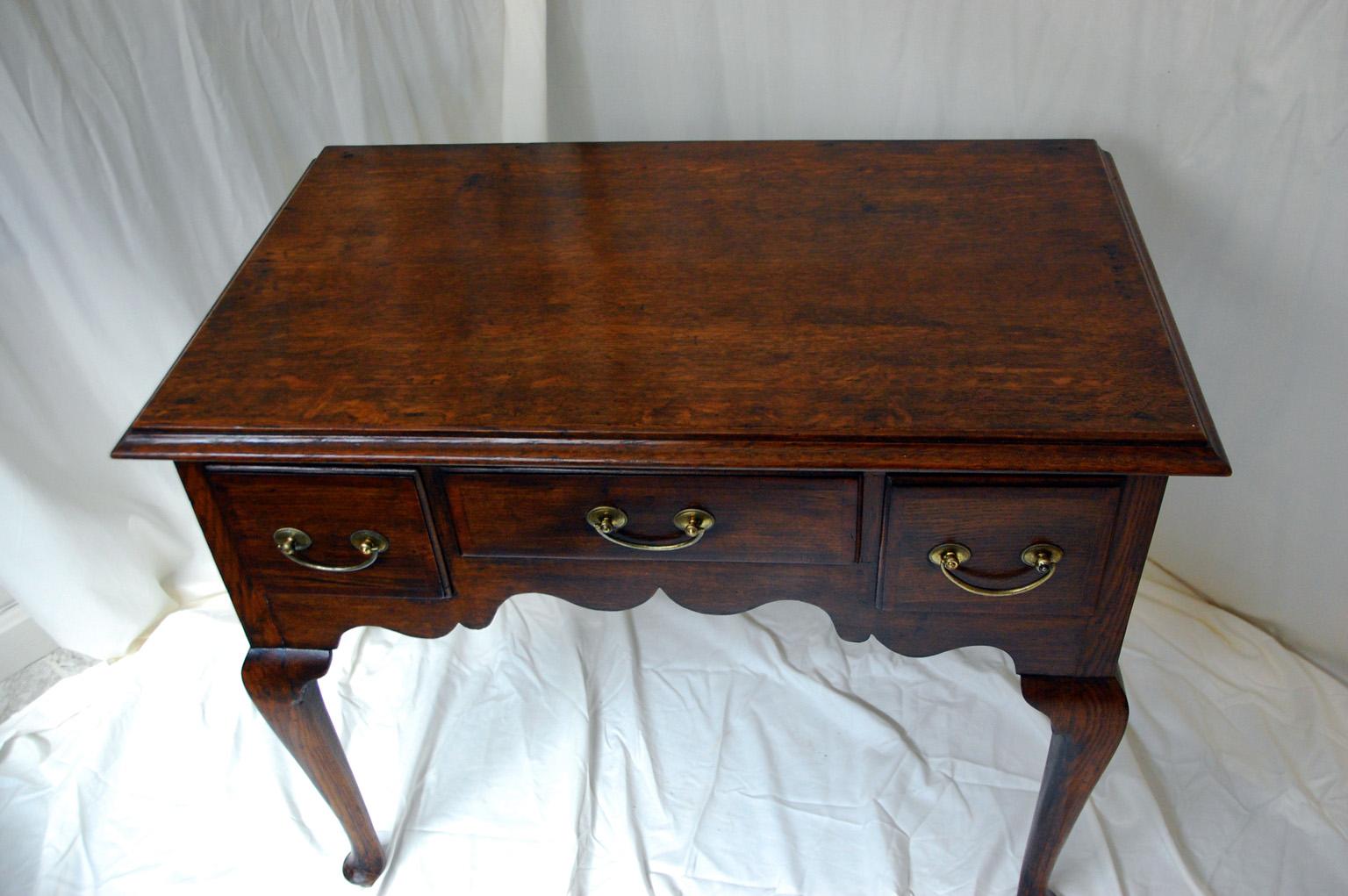 George III English Georgian Oak Lowboy with Cabriole Legs and Crossbanded Drawer Fronts