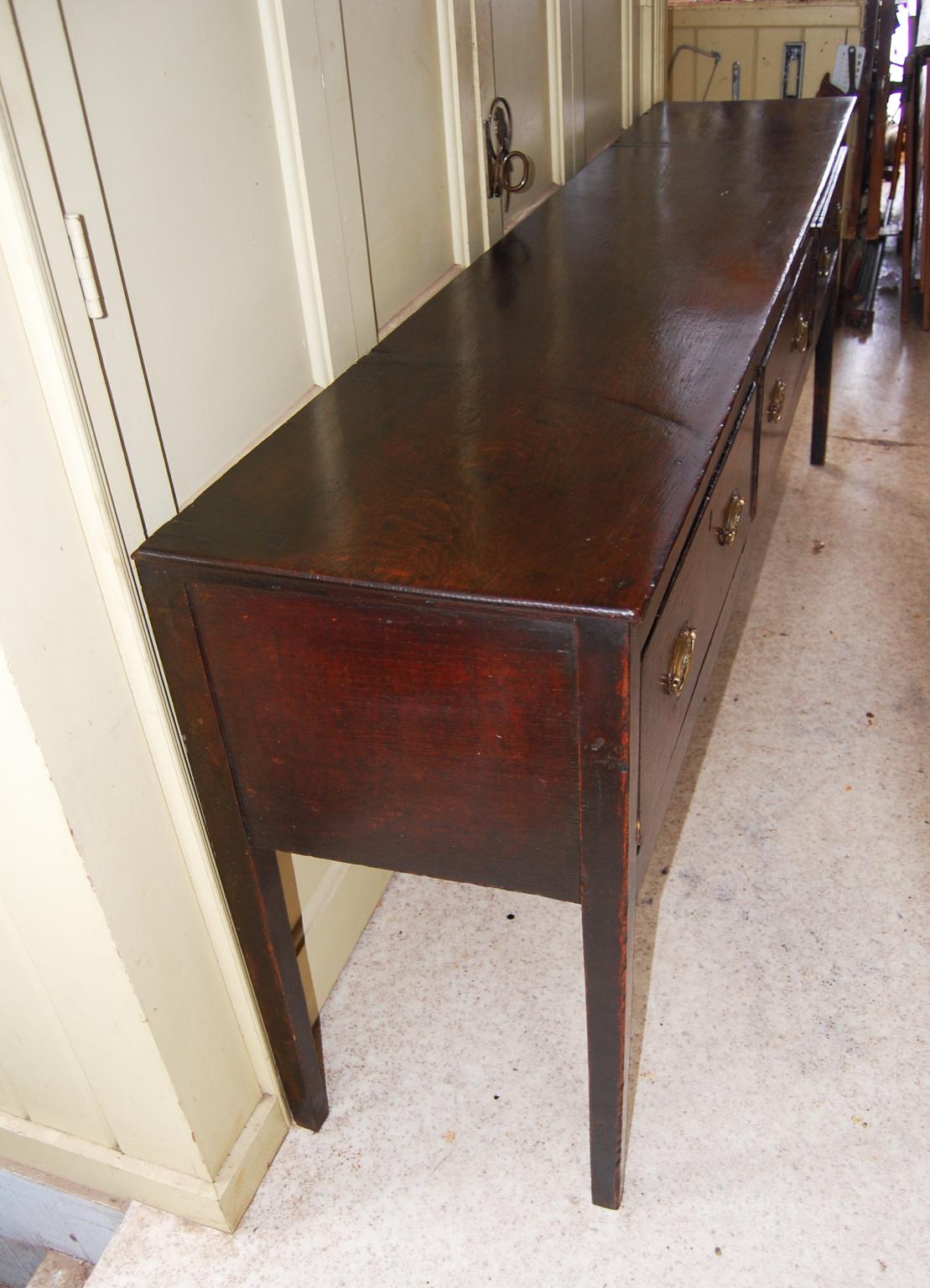 18th Century English Georgian Oak Seven Foot Long Low Dresser Three Drawers Tapered Legs