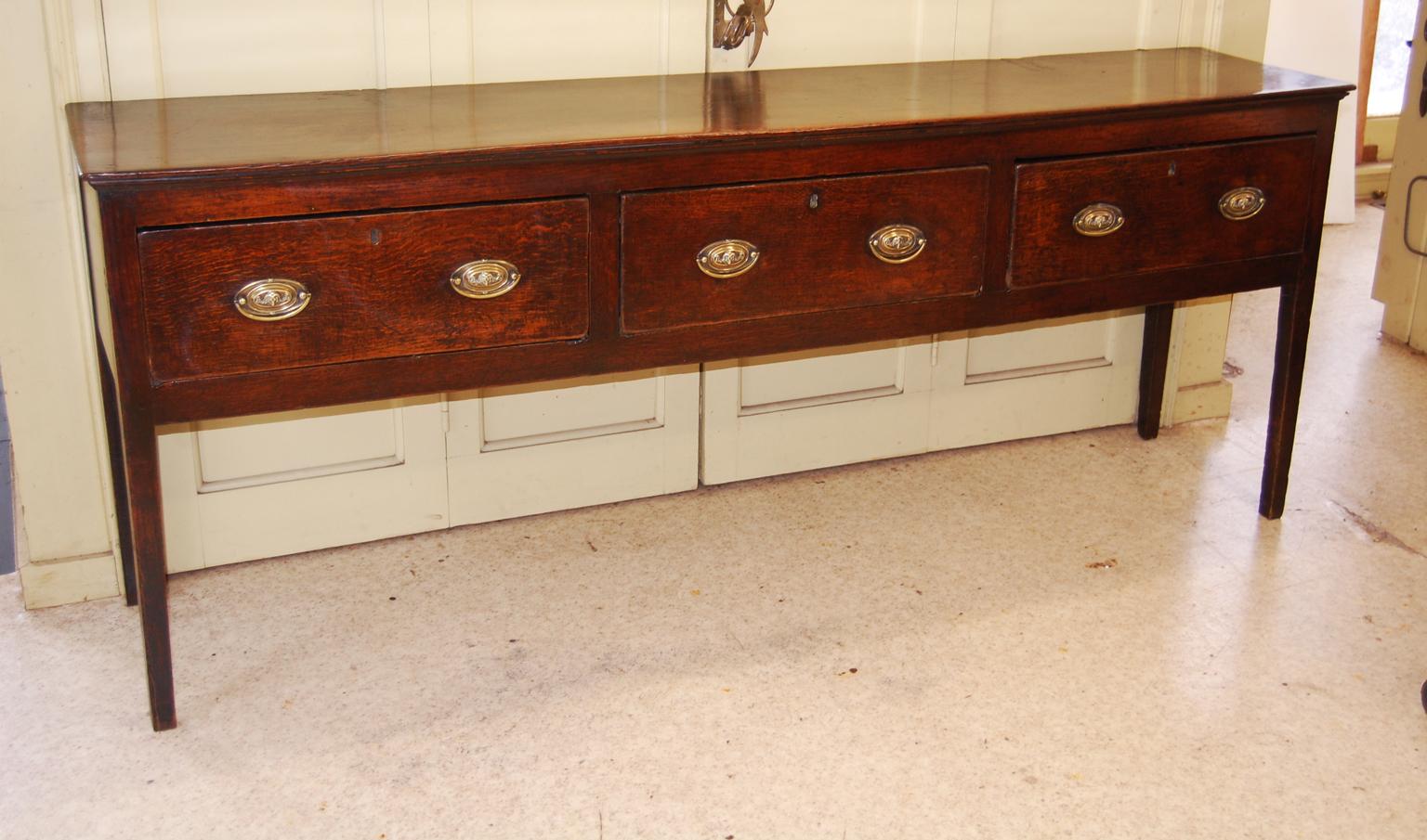 English Georgian Oak Seven Foot Long Low Dresser Three Drawers Tapered Legs 1