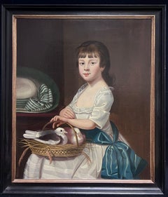 Fine 1800's English Georgian Oil Painting Portrait of Young Girl with Dove