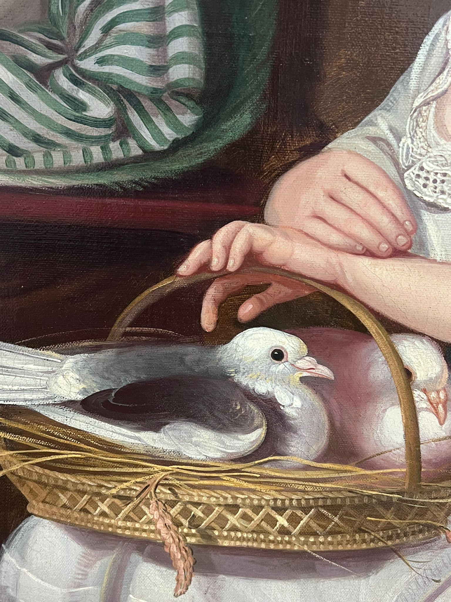 Pintura al óleo georgiana inglesa del siglo XIX Retrato de joven con paloma en venta 3