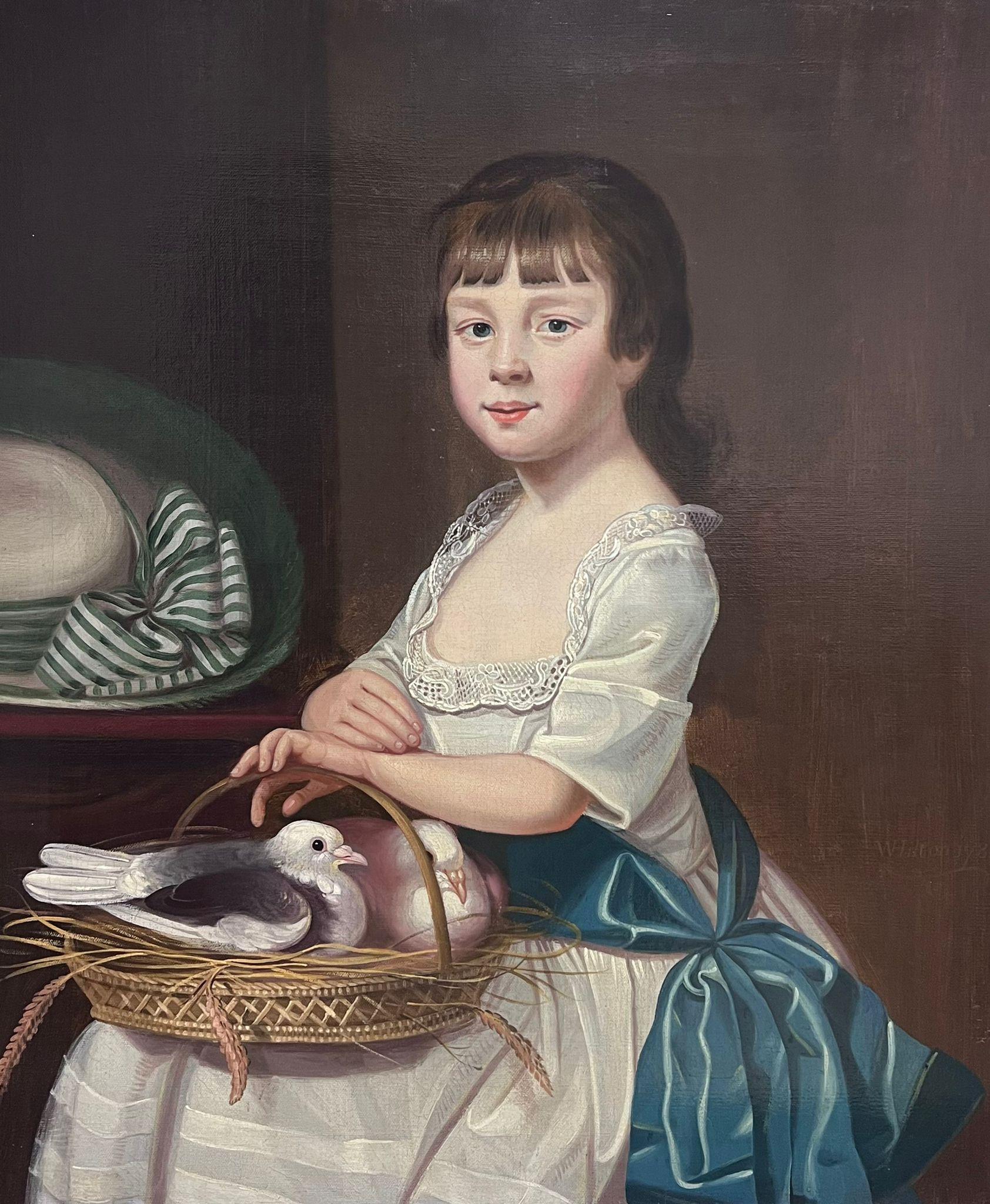 Figurative Painting de English Georgian - Pintura al óleo georgiana inglesa del siglo XIX Retrato de joven con paloma
