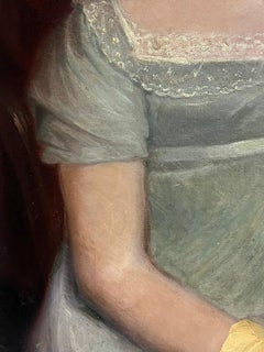 Beau grand portrait géorgien anglais de 1820 d'une dame de campagne assise avec une plume d'oie