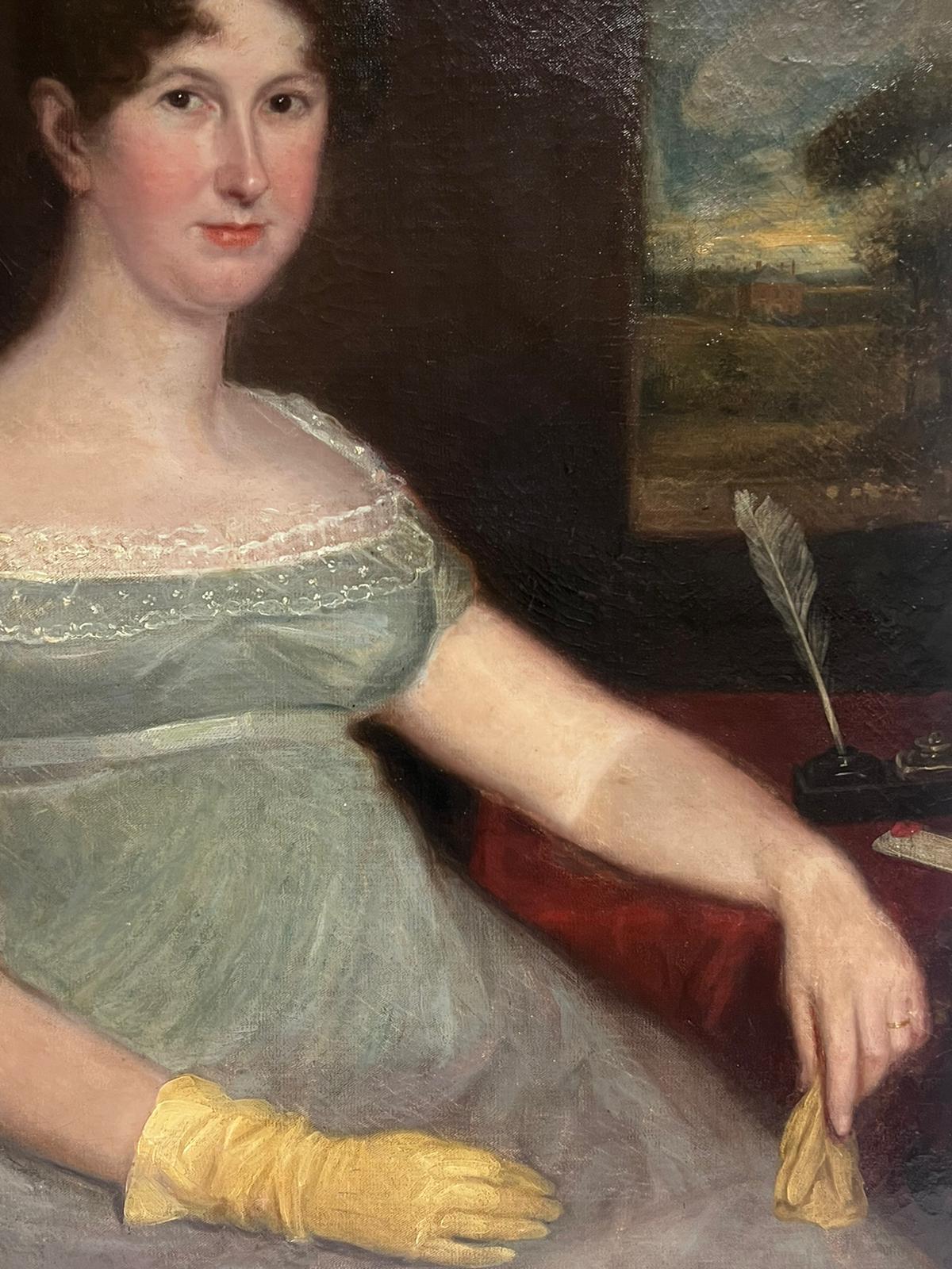 Fine 1820's English Georgian Large Portrait of a Country Lady seated with Quill  For Sale 4