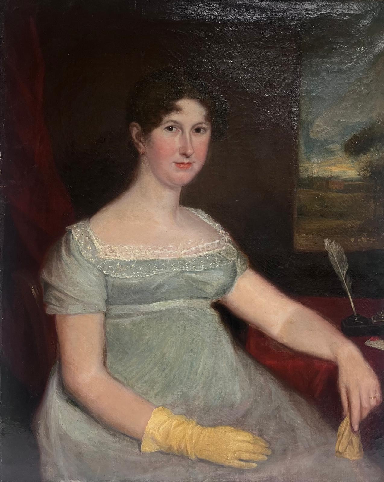 Portrait of a Country Lady, depicted Seated wearing a silk glove and with a Quill Pen
English artist, circa 1820's
oil on canvas, unframed
canvas: 35 x 29 inches
provenance: private collection, England
condition: very good and sound condition