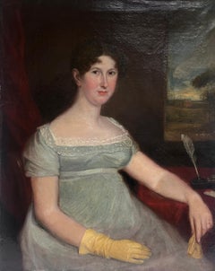 Beau grand portrait géorgien anglais de 1820 d'une dame de campagne assise avec une plume d'oie 