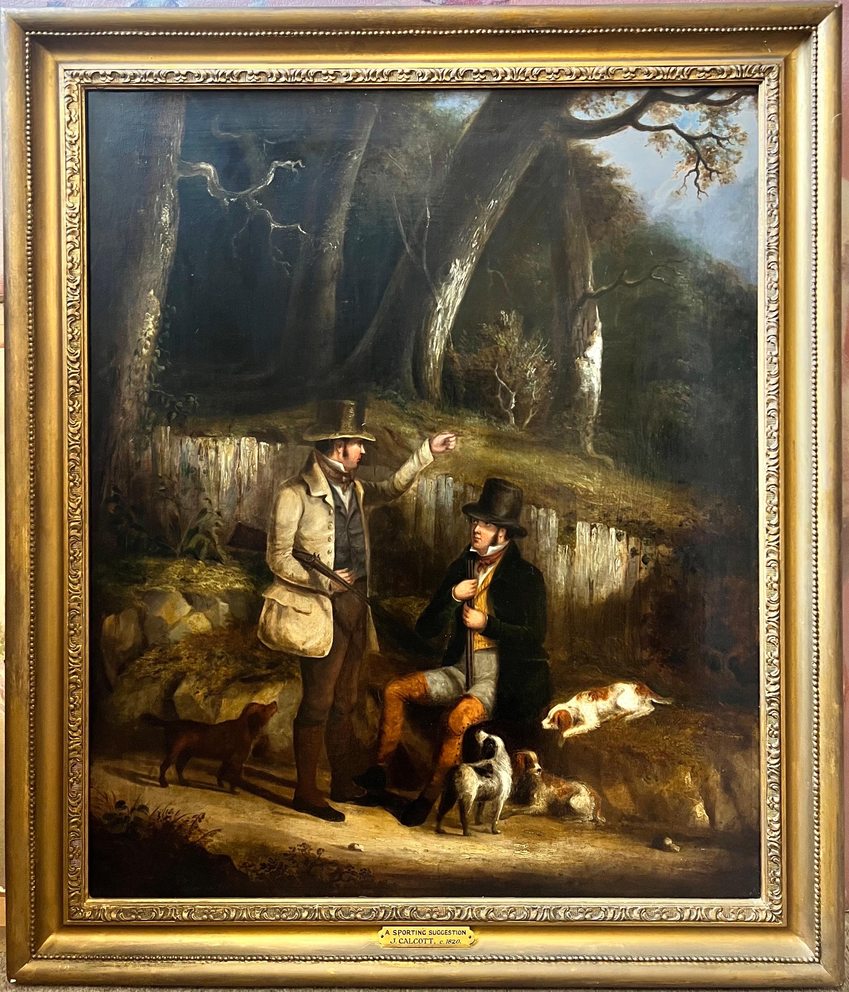 Fine 1820's English Sporting Art Oil Painting Gentleman with Spaniels & Guns