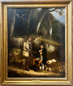 Fine 1820's English Sporting Art Oil Painting Gentleman with Spaniels & Guns