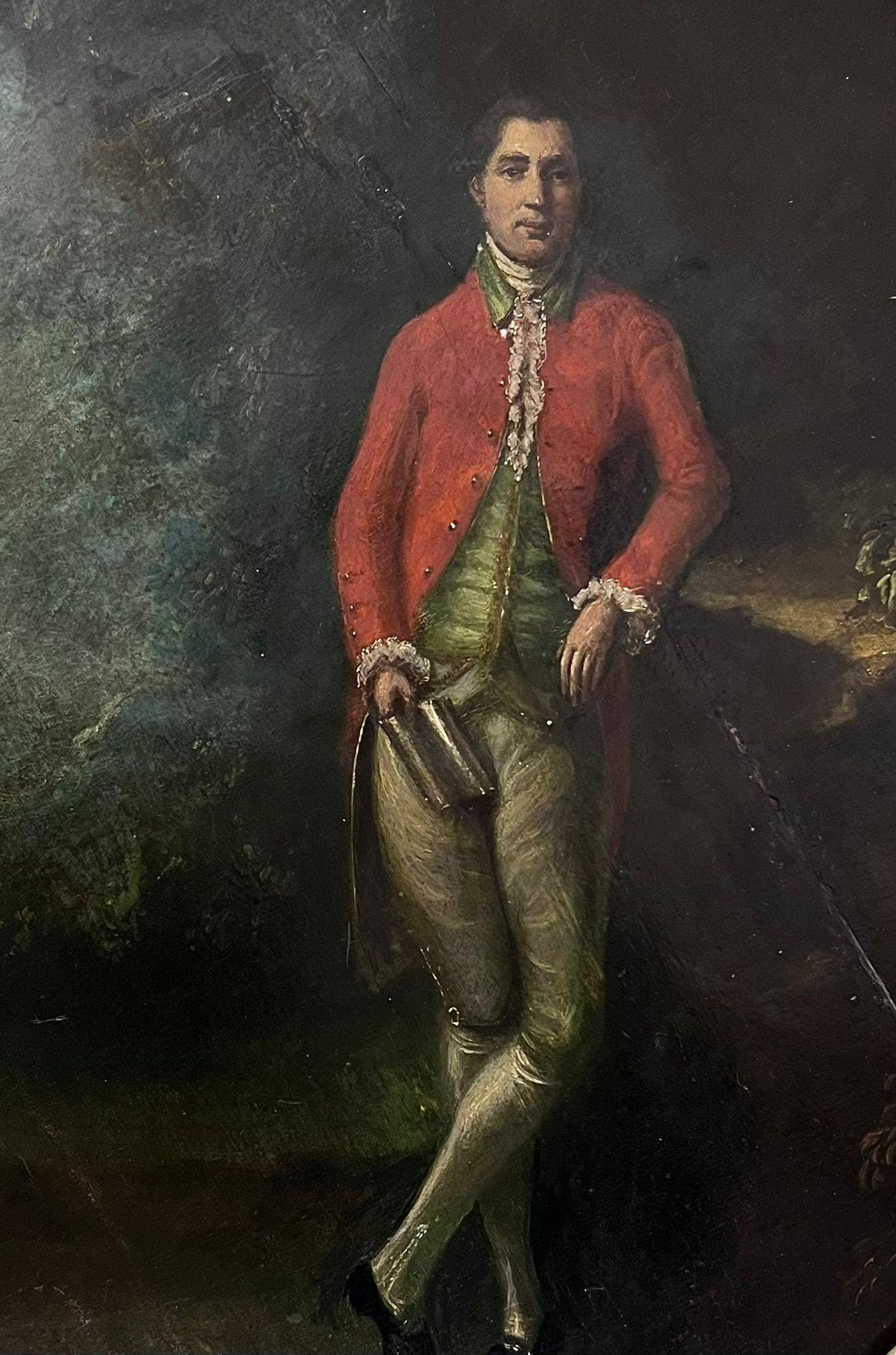 Fine 18th Century English Oval Oil Painting Portrait of Young Gentleman in Park - Black Portrait Painting by English Georgian