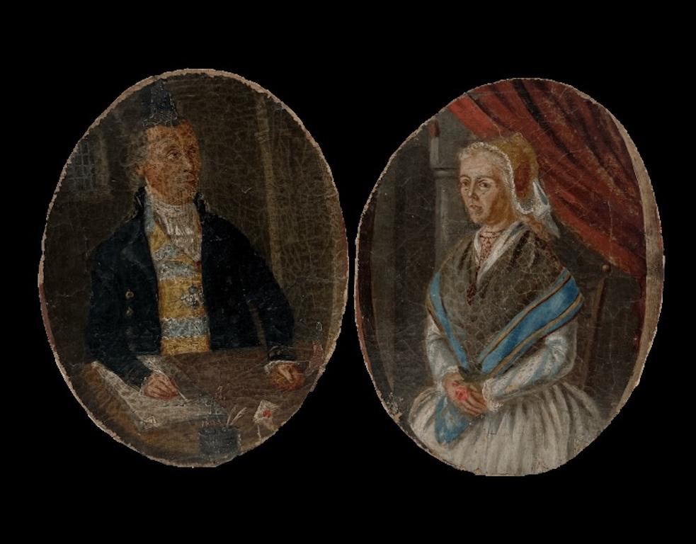 English Georgian Figurative Painting – Feine antike Paar 18. Jahrhundert Englisch Porträts von Ehemann 
Frau Oval Öle x 2