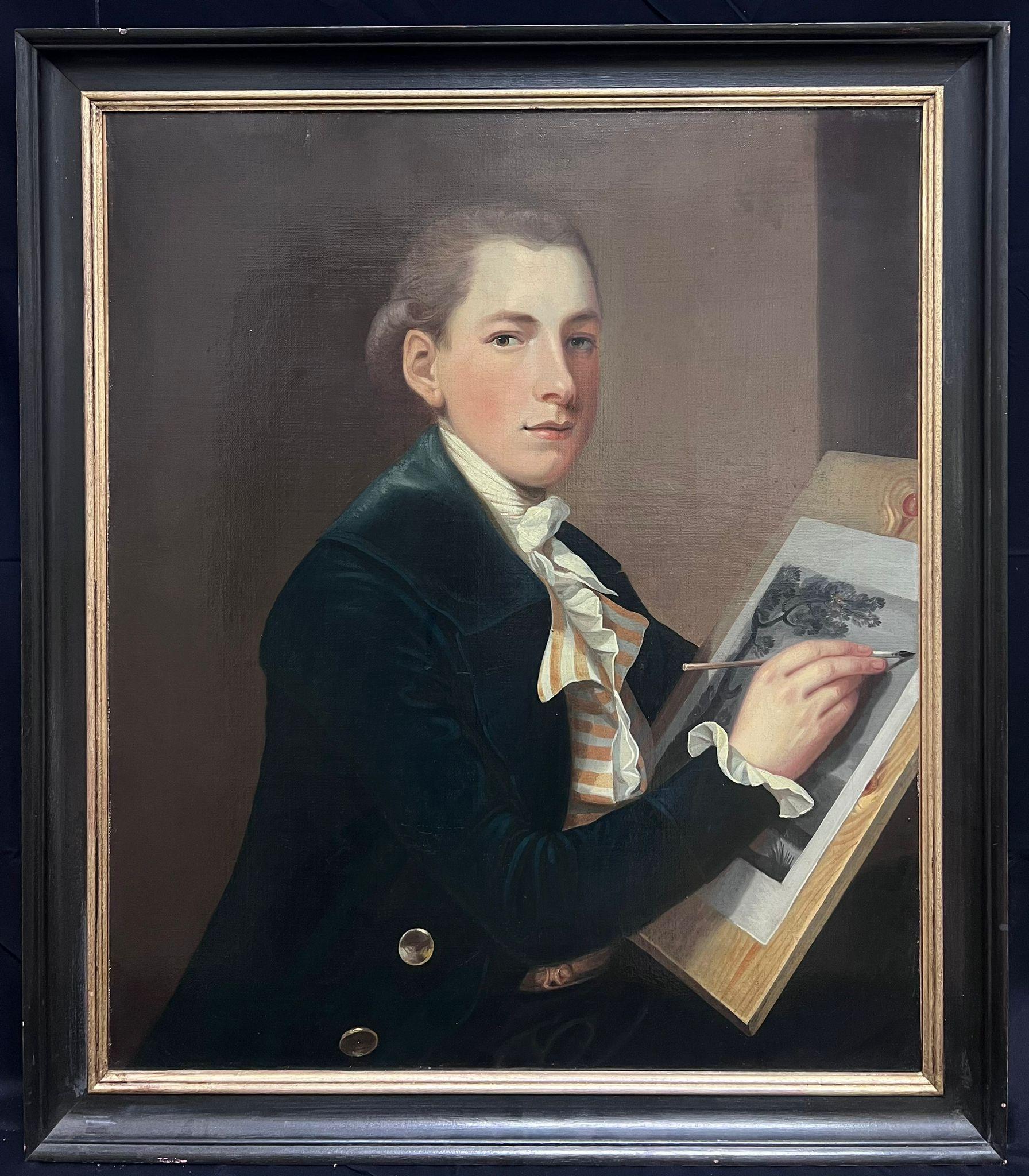 Gran óleo inglés antiguo Retrato de joven caballero artista ante el caballete - Painting de English Georgian