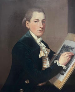 Large Antique English Oil Painting Portrait of Young Gentleman Artist at Easel