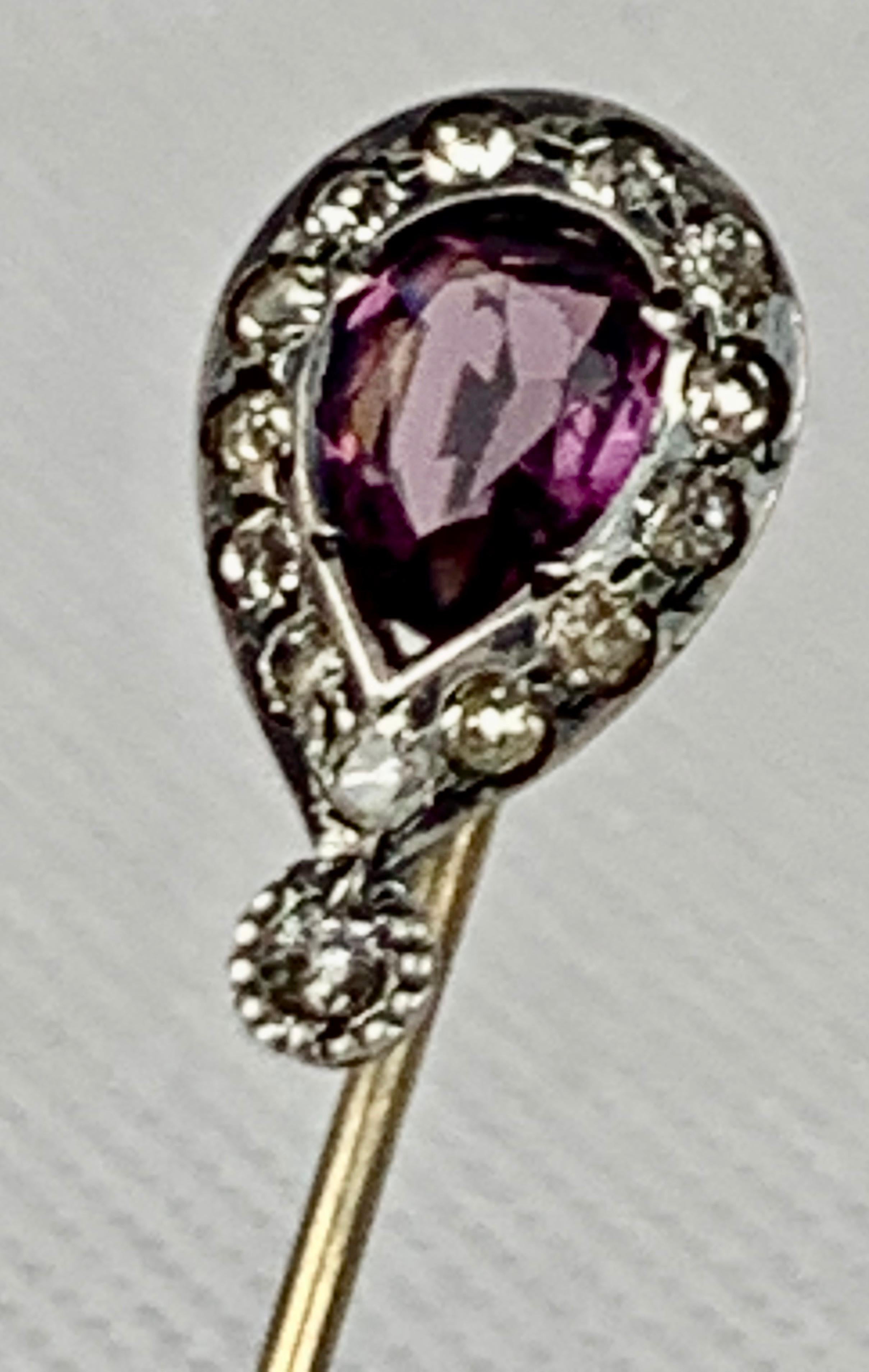Pear Cut Georgian Paste Stickpin with Pear Shaped Amethyst, England, 19th c.  For Sale