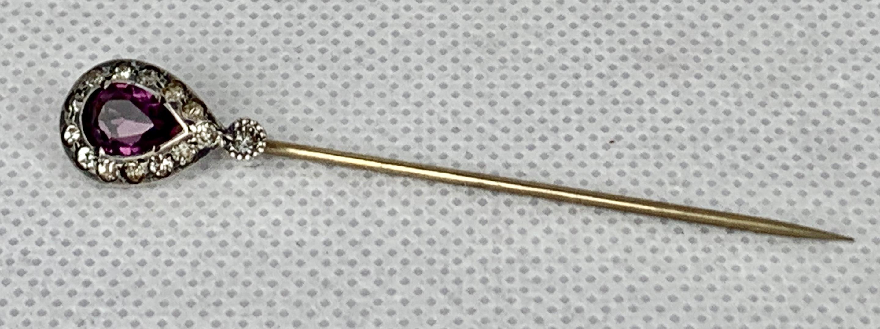 Georgian Paste Stickpin with Pear Shaped Amethyst, England, 19th c.  In Good Condition For Sale In West Palm Beach, FL