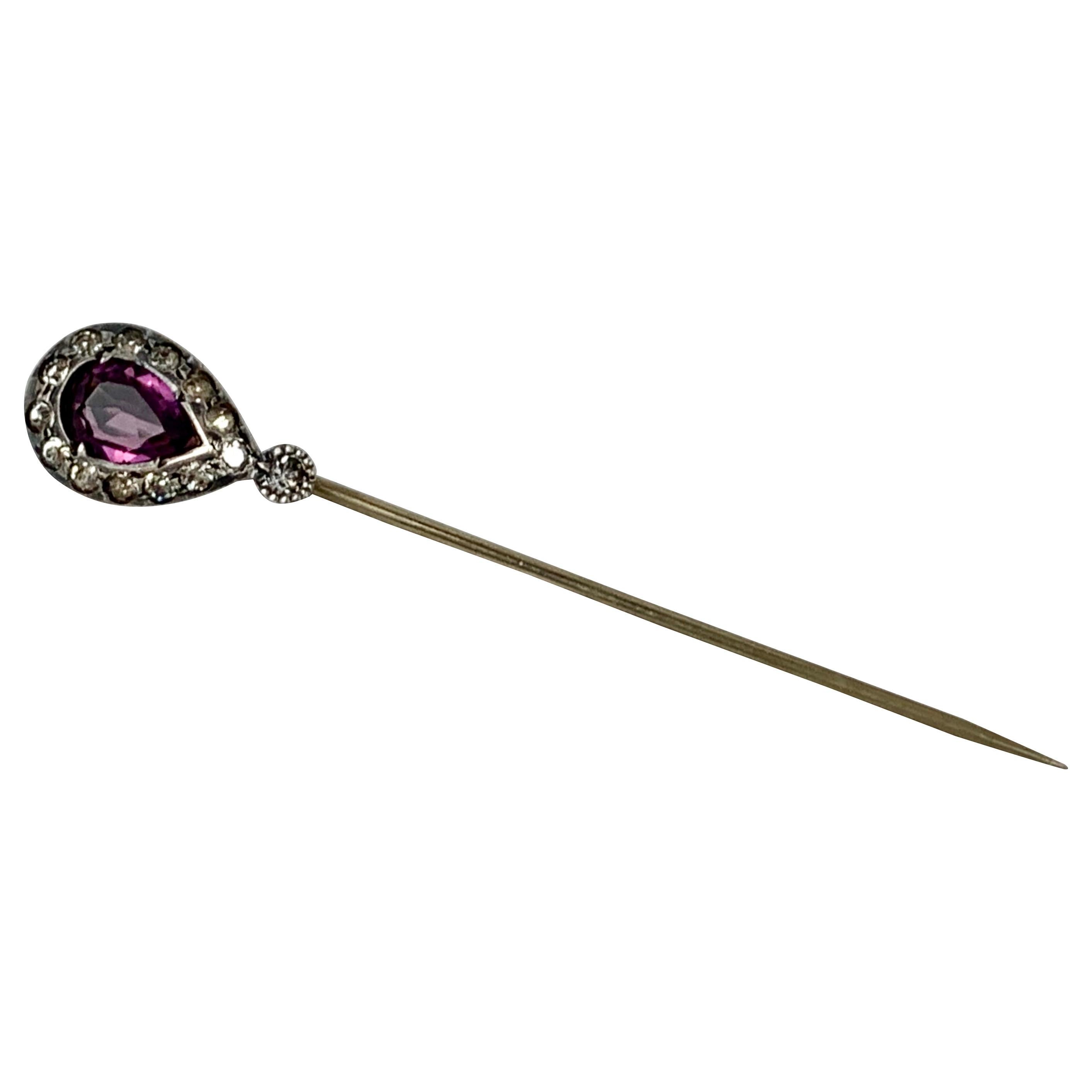 Georgian Paste Stickpin with Pear Shaped Amethyst, England, 19th c.  For Sale