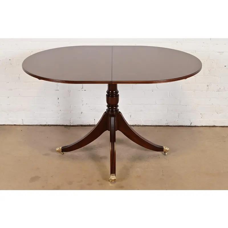 Exceptionnelle table de salle à manger ou table de petit déjeuner à piédestal de style anglais géorgien ou Regency.

Par Bevan Funnell Ltd.

Angleterre, Circa 1980

Magnifique plateau en acajou bagué assorti à un livre, avec piédestal sculpté et