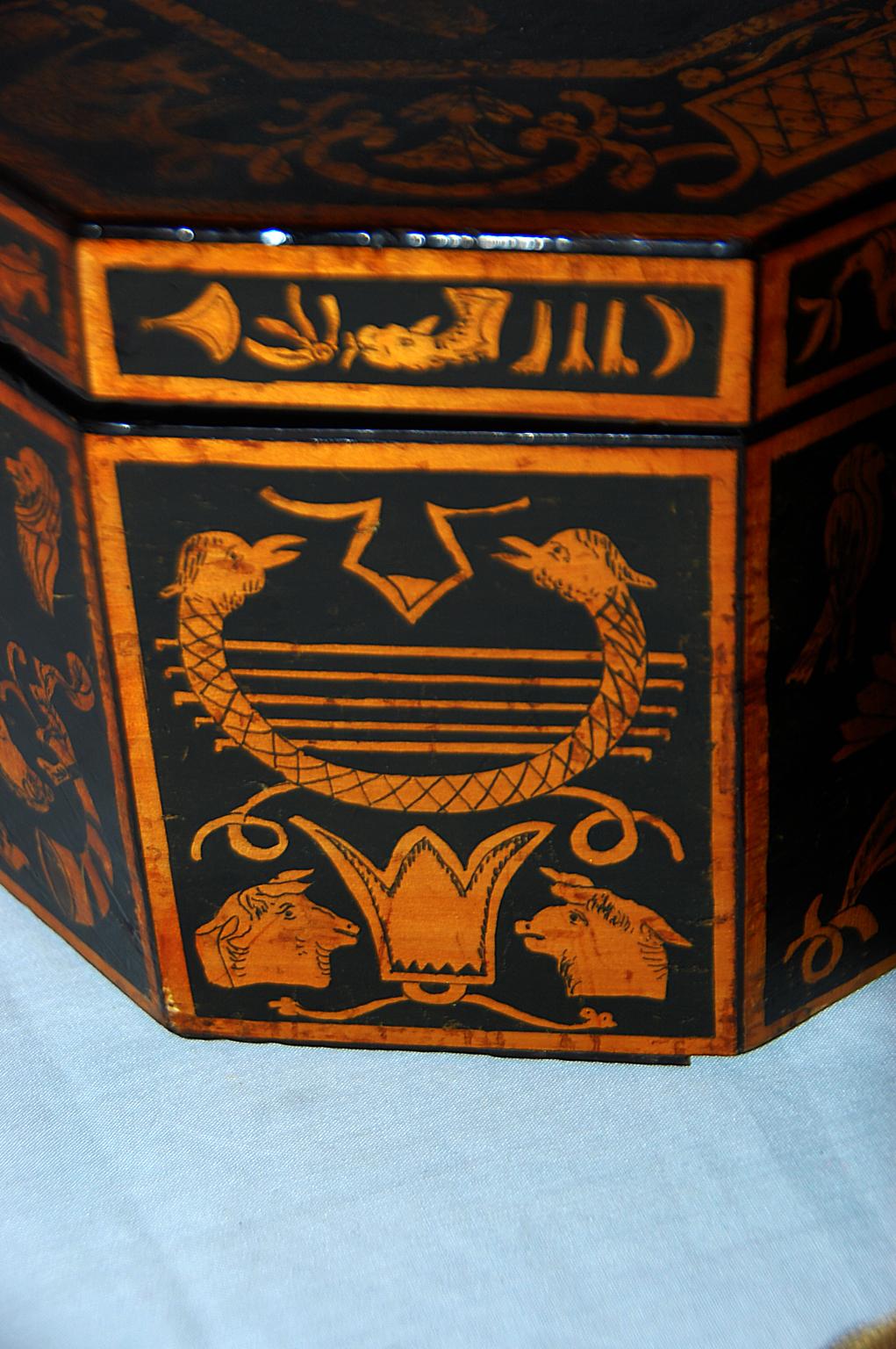 George III English Georgian Penwork Octagonal Box with Classical Scenes and Motifs