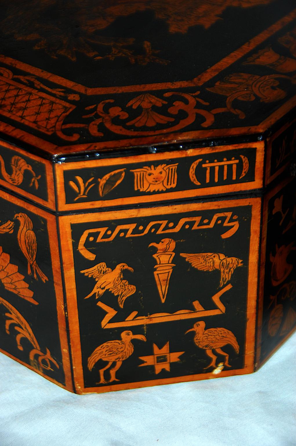 Painted English Georgian Penwork Octagonal Box with Classical Scenes and Motifs