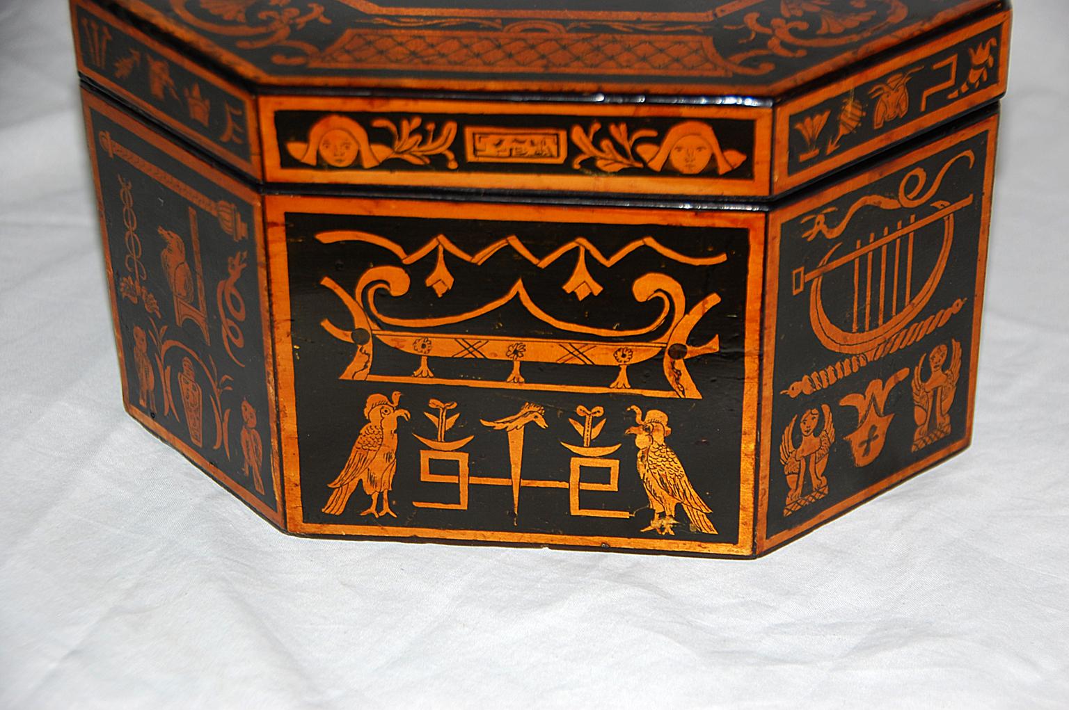 Hardwood English Georgian Penwork Octagonal Box with Classical Scenes and Motifs