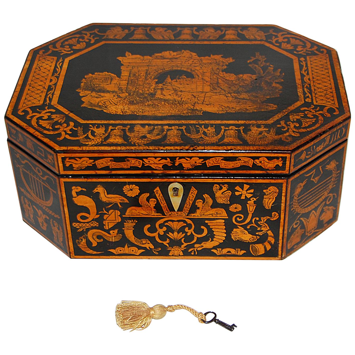 English Georgian Penwork Octagonal Box with Classical Scenes and Motifs