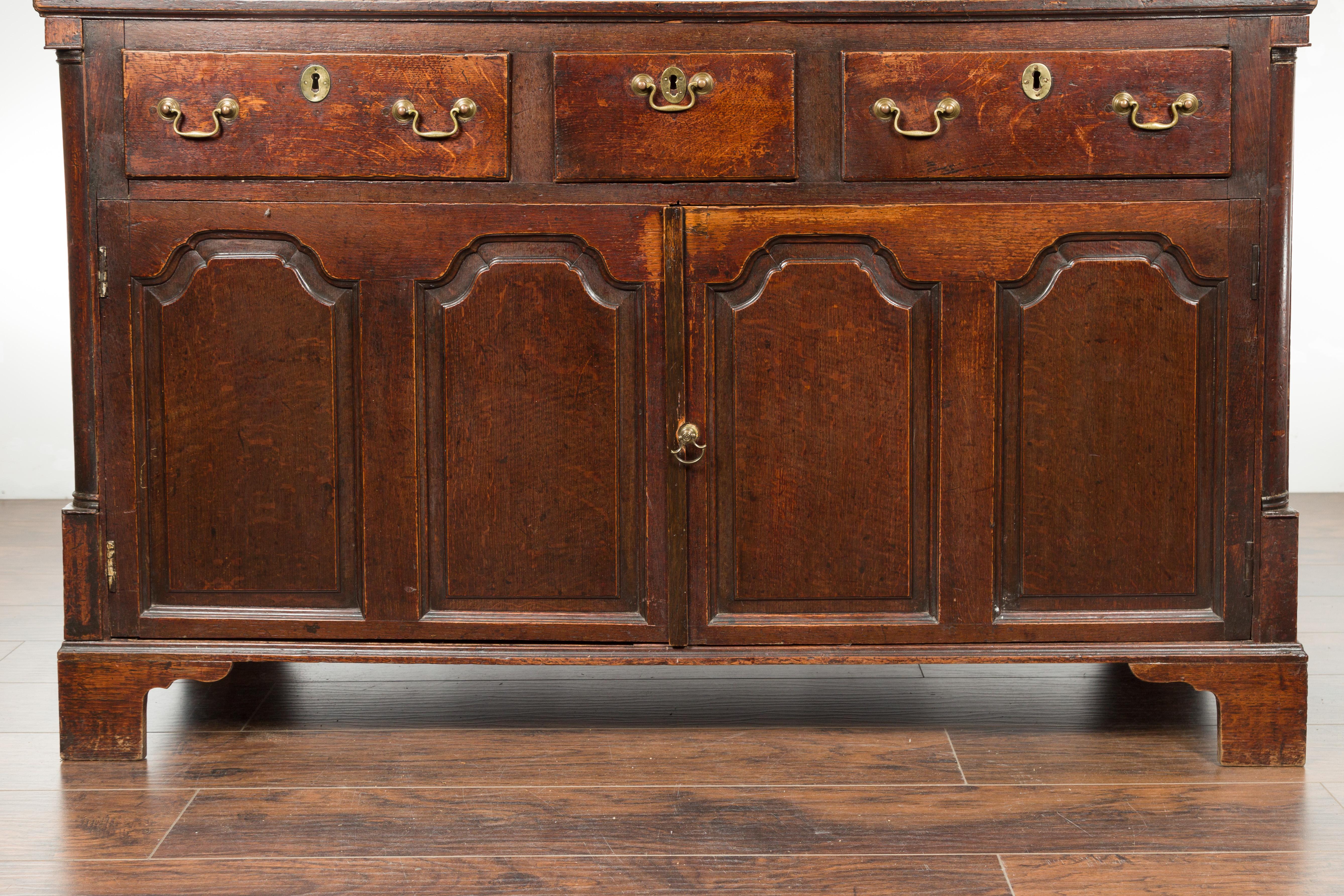 English Georgian Period 1800s Oak Buffet with Three Drawers Over Double Doors 2