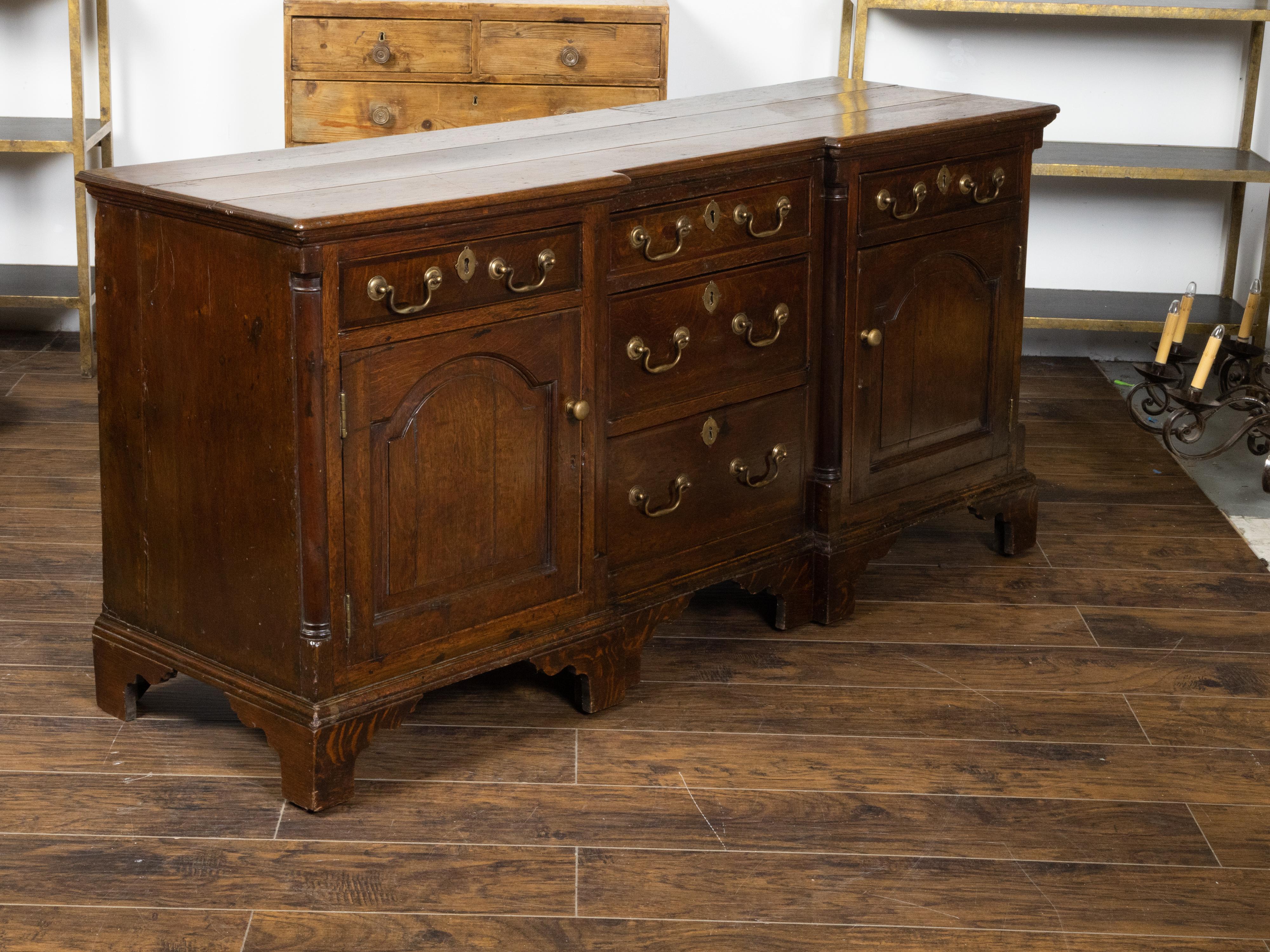 Brass English Georgian Period 1800s Oak Dresser Base with Five Drawers and Two Doors For Sale