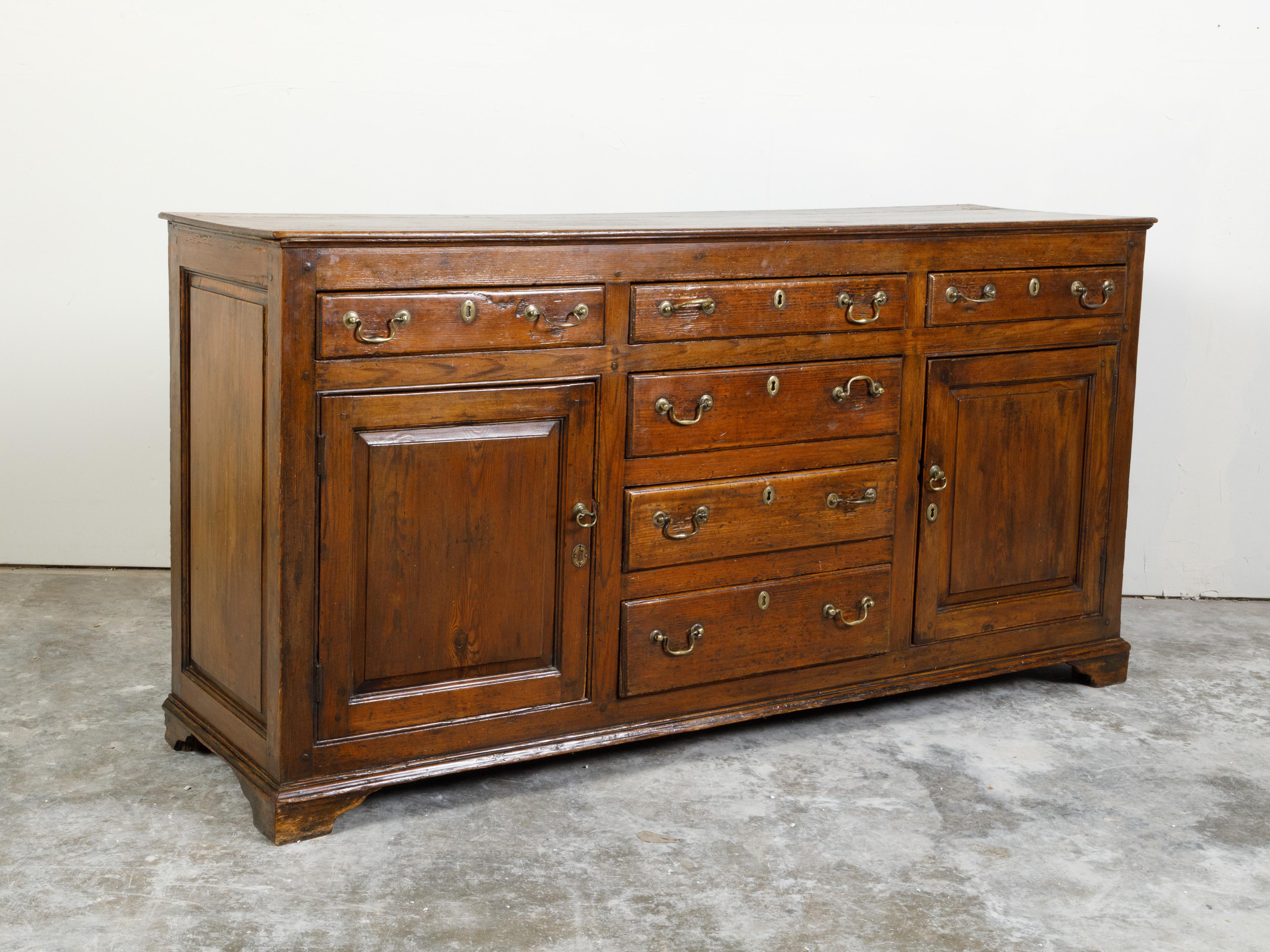 19th Century English Georgian Period 1800s Oak Dresser Base with Six Drawers and Two Doors