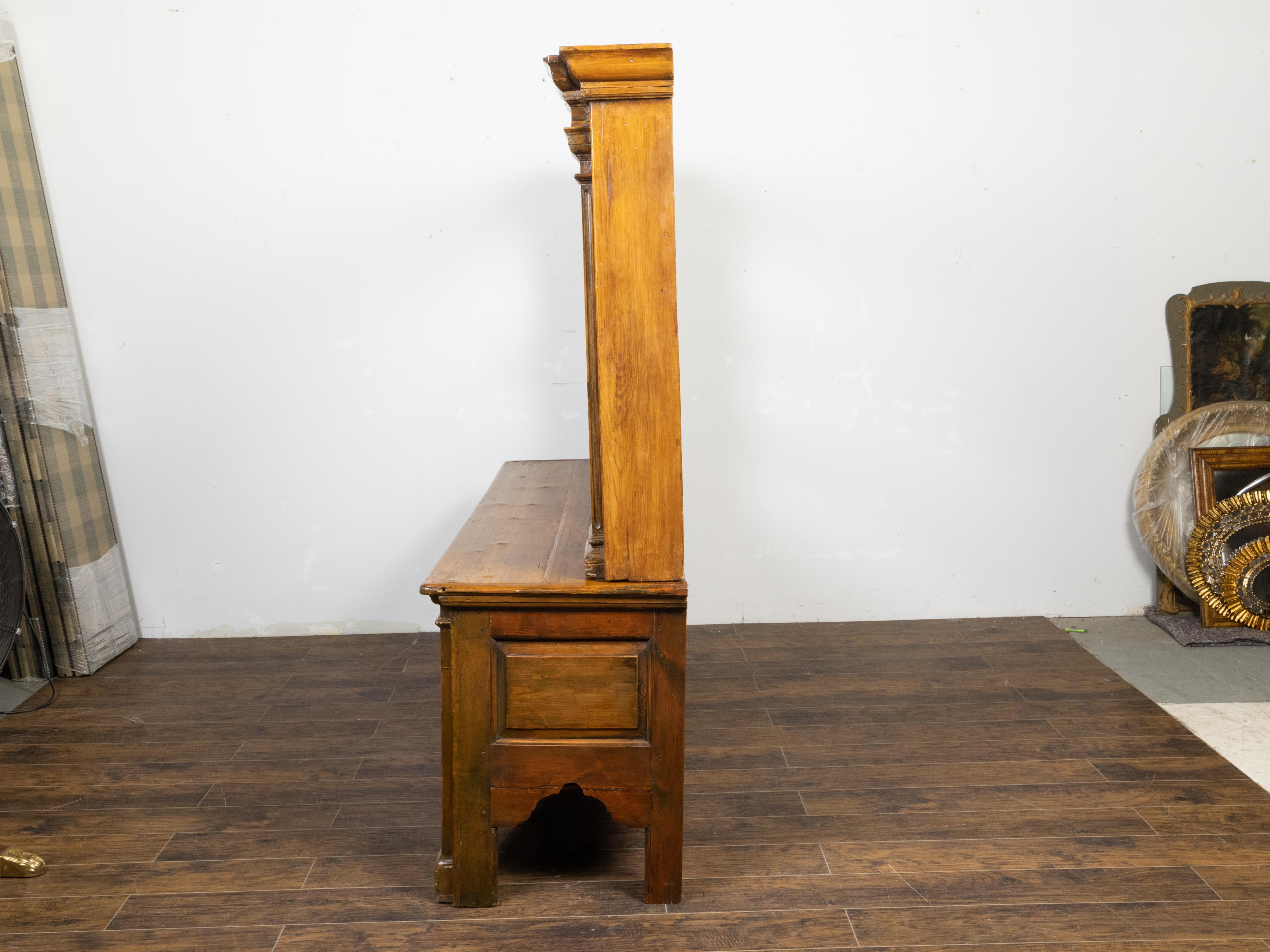 Carved English Georgian Period 1800s Pine Dresser with Open Shelves and Drawers For Sale