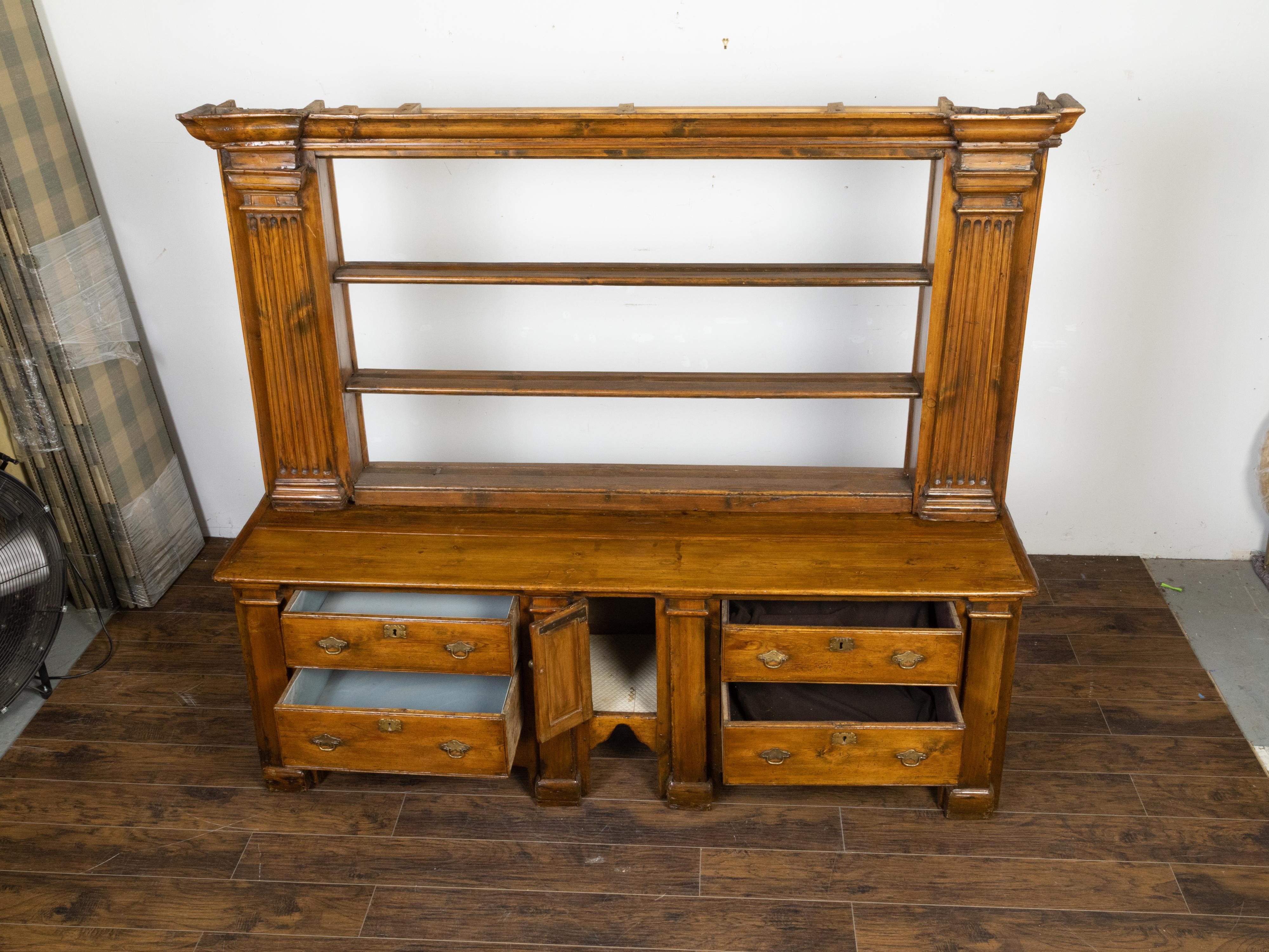 English Georgian Period 1800s Pine Dresser with Open Shelves and Drawers For Sale 3