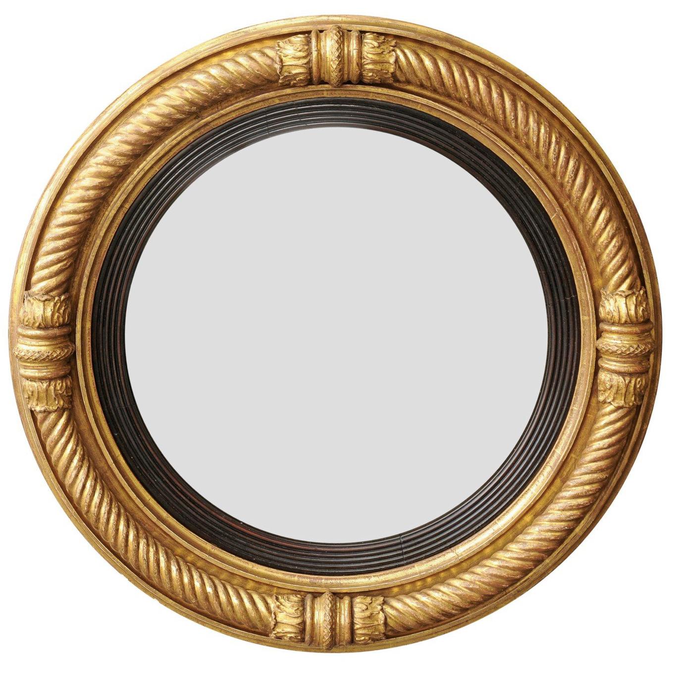 English Georgian Period 1820s Giltwood Convex Mirror with Twisted Rope Motifs