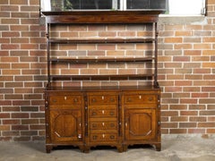 English Georgian Period 18th Century Oak Dresser with Shelves, Drawers and Doors