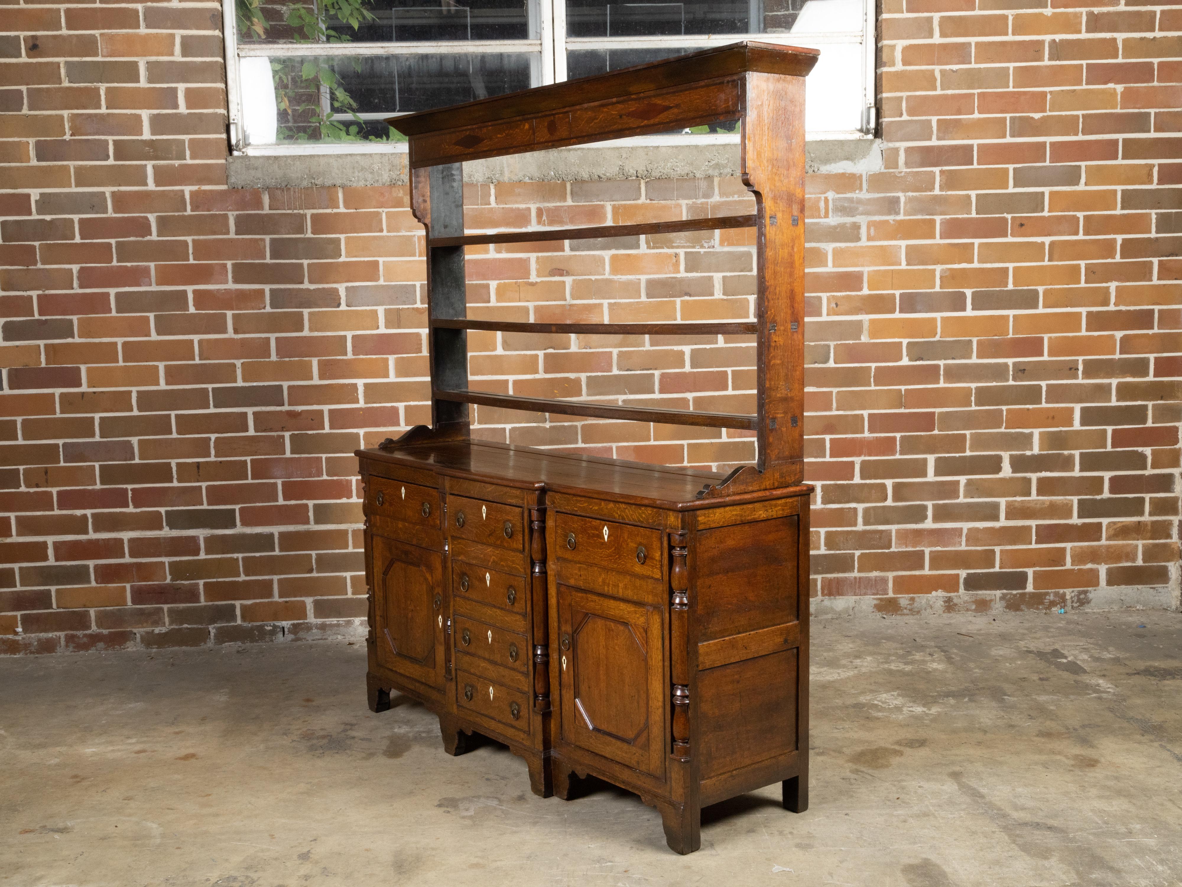 English Georgian Period 18th Century Oak Dresser with Shelves, Drawers and Doors In Good Condition For Sale In Atlanta, GA