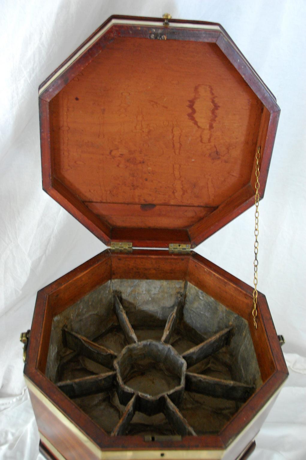 18th Century English Georgian Period Chippendale Mahogany Octagonal Cellarette Brass Bound