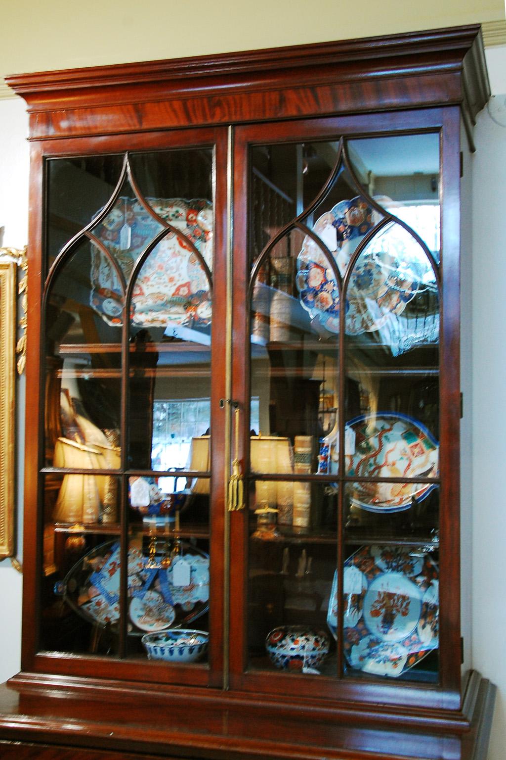 English Georgian Period  Hepplewhite Mahogany Secretaire Bookcase Glazed Doors In Good Condition In Wells, ME