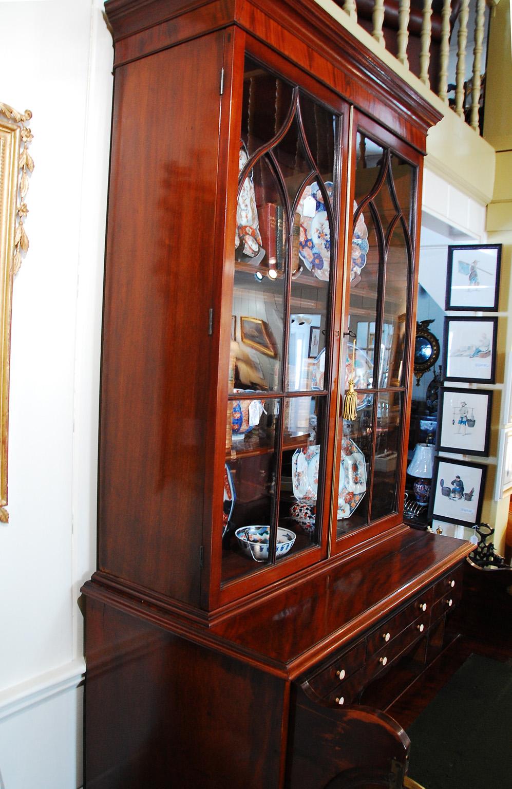 English Georgian Period  Hepplewhite Mahogany Secretaire Bookcase Glazed Doors 1