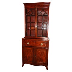 English Georgian Period  Hepplewhite Mahogany Secretaire Bookcase Glazed Doors