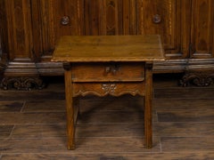 English Georgian Period Low Oak Side Table with Single Drawer and Carved Apron